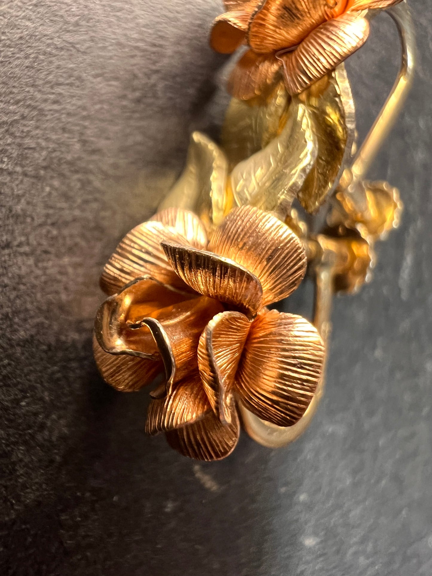 Vintage Krementz Rose and yellow gold tone Flower Leaf Screw Back Earrings