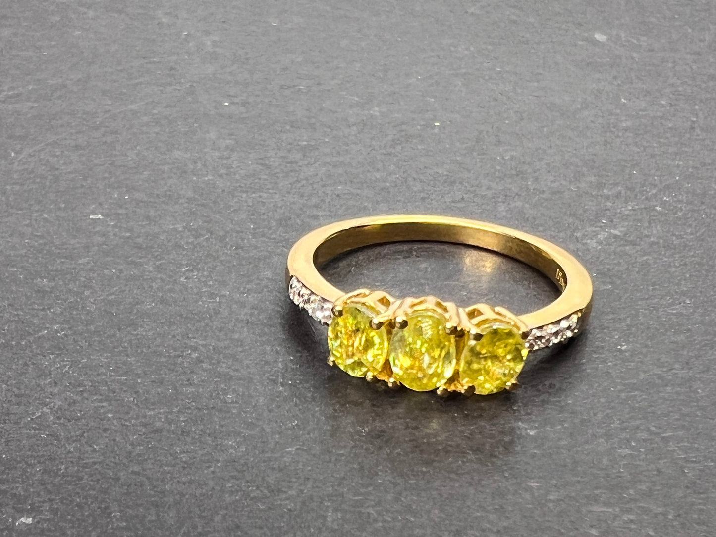 Sava sphene and white zircon triple stone ring in vermeil yellow gold over sterling silver size 8 *NEW*