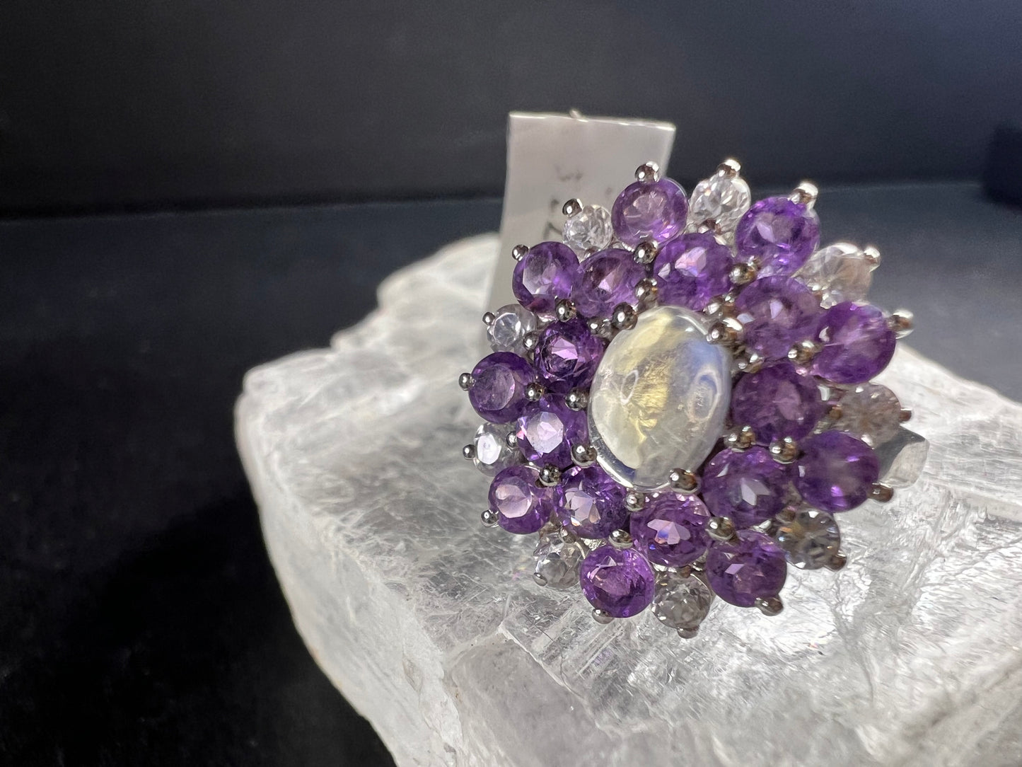 Rainbow Moonstone Amethyst White Topaz Sterling Ring Sz 9