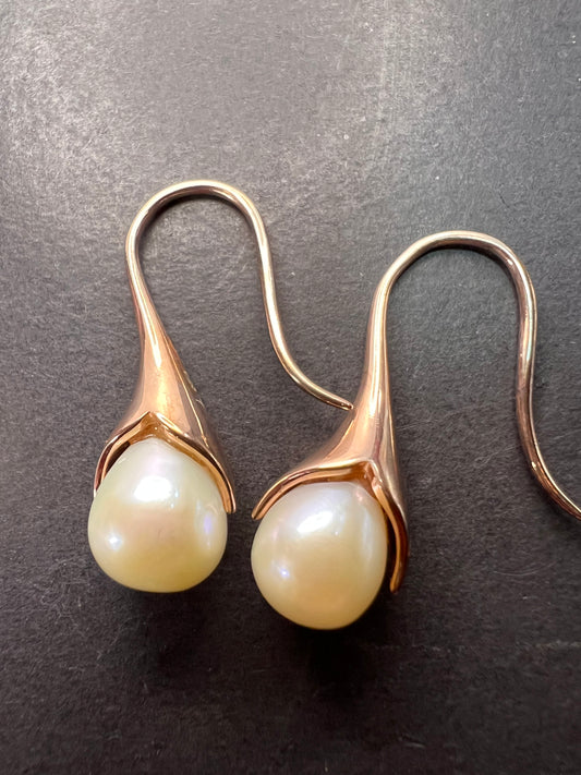 Freshwater cultured drip pearl earrings in 14k rose gold over sterling silver