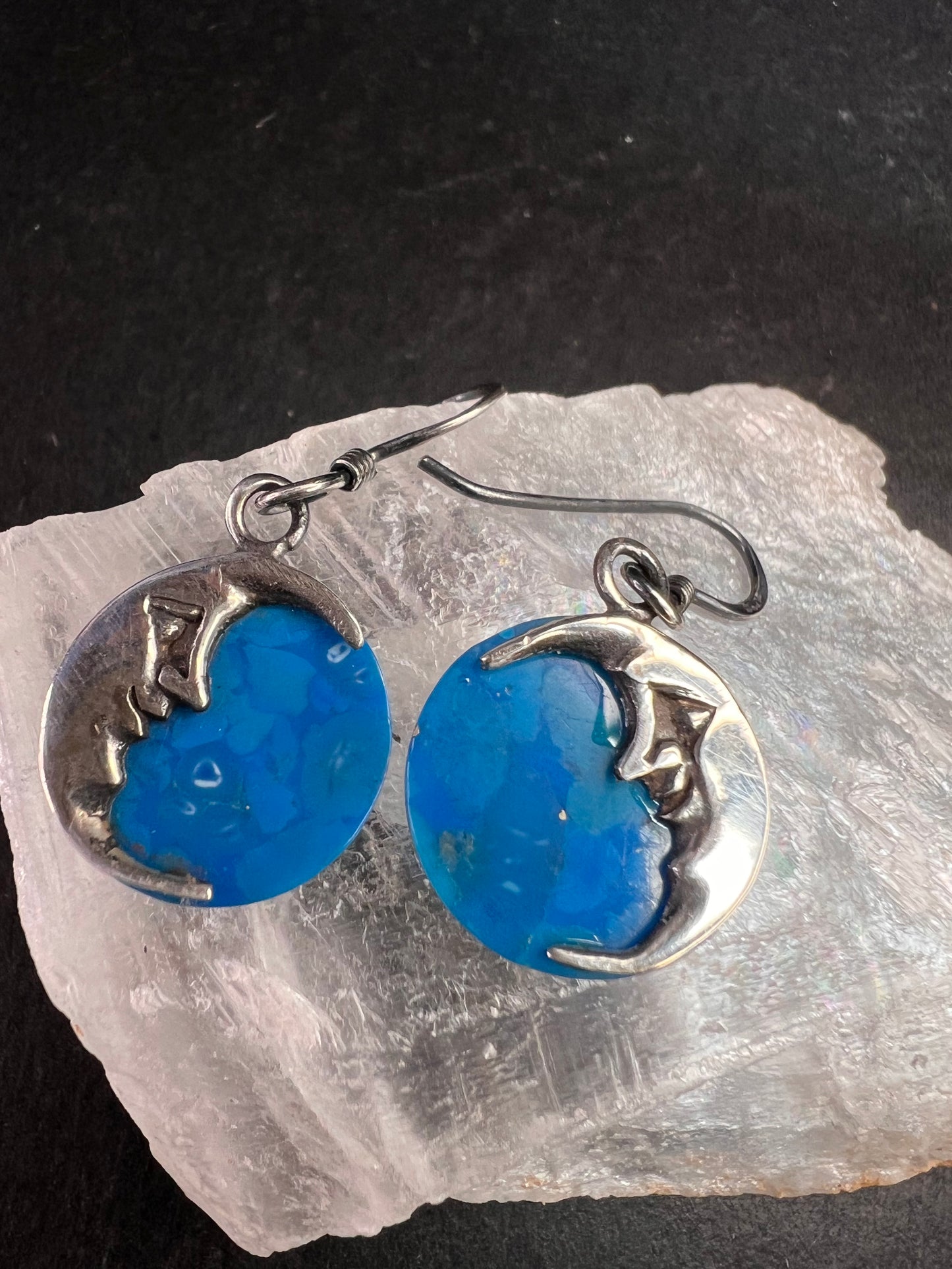 Vintage Sterling Silver Crescent Moon Blue Stone Dangle Earrings