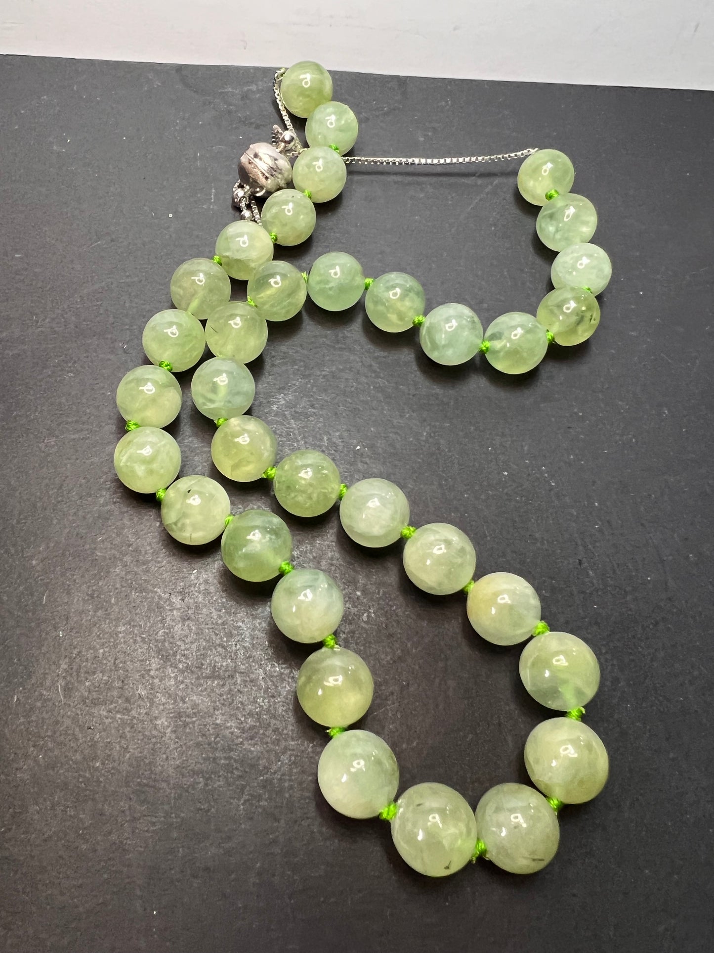 Prehnite knotted sterling silver bolo necklace