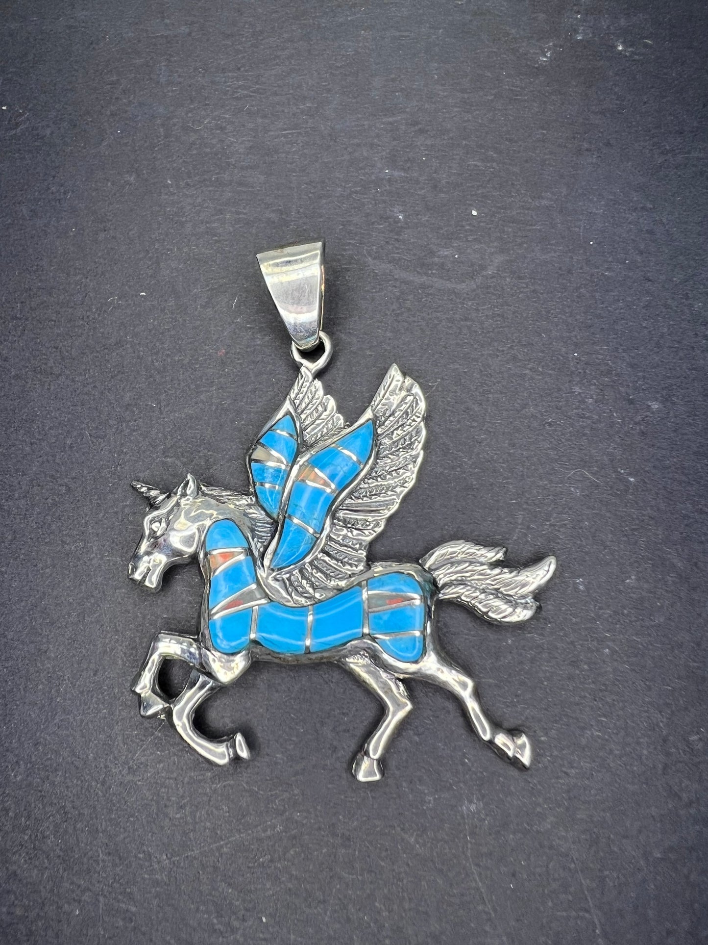 Turquoise and lab opal inlay Pegasus unicorn sterling silver pendant