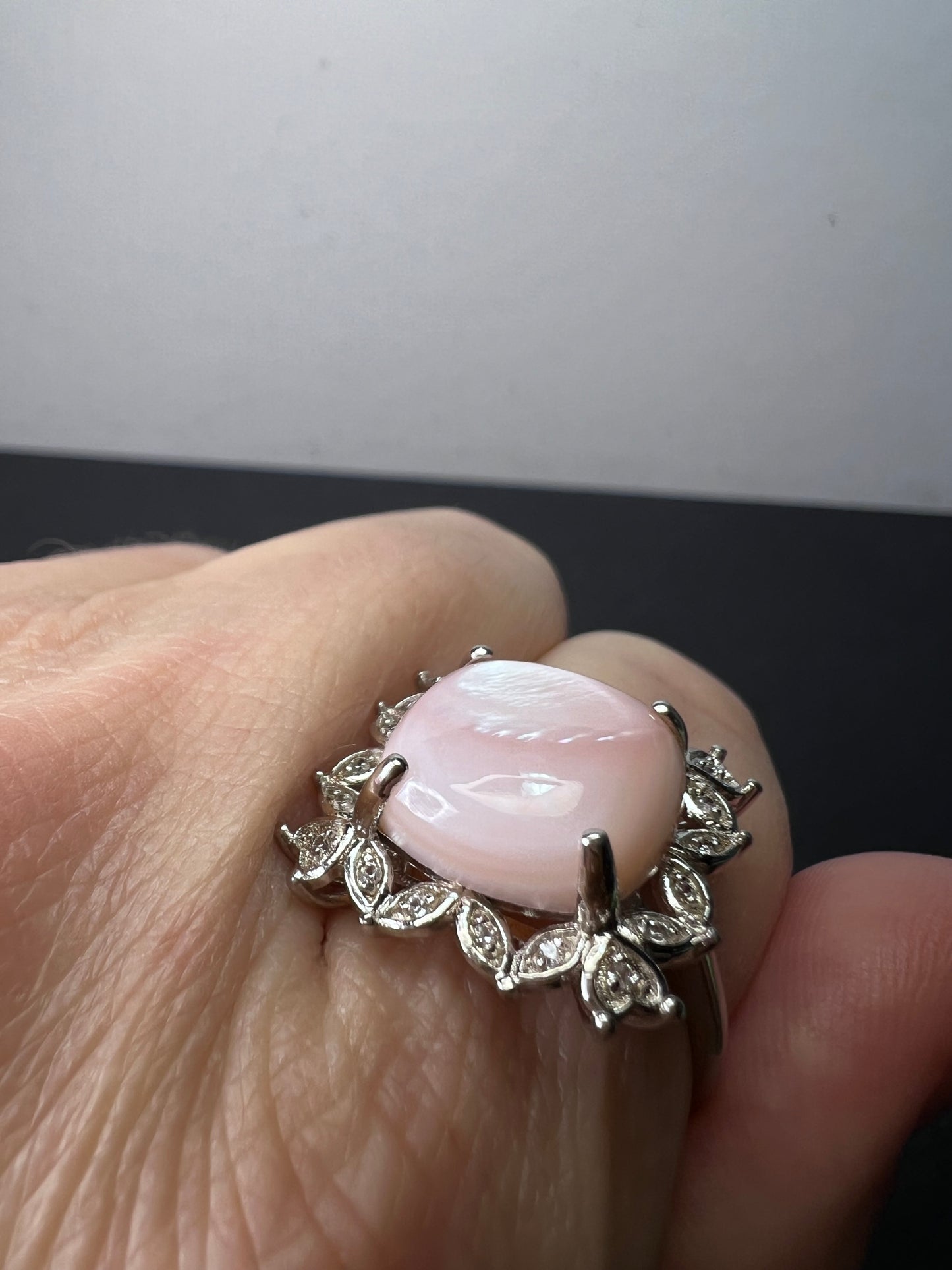 Pink Mother-of-Pearl With White Zircon Rhodium Over Sterling Silver Ring size 8