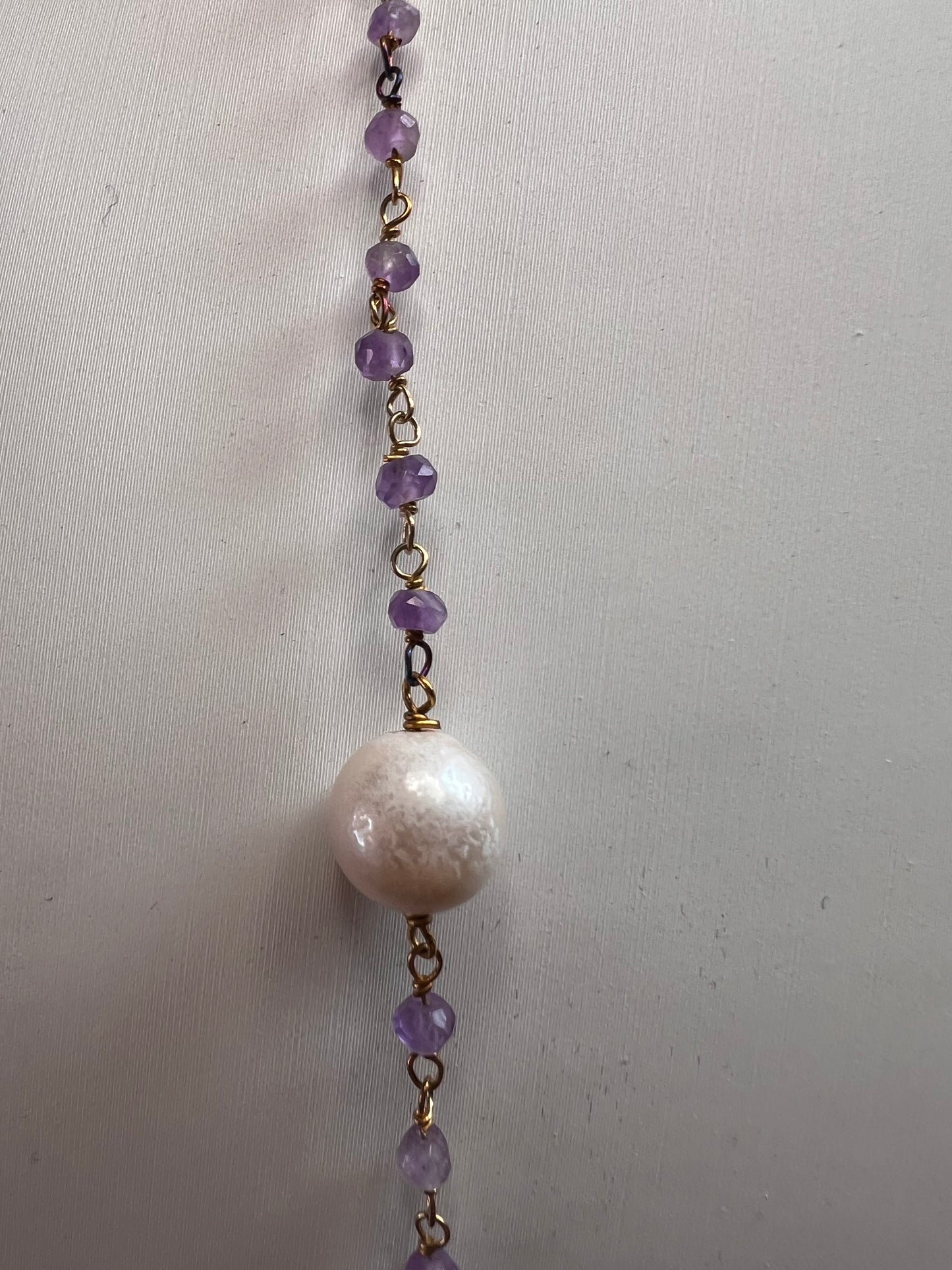 Amethyst and pearl 30 inch station necklace in sterling silver