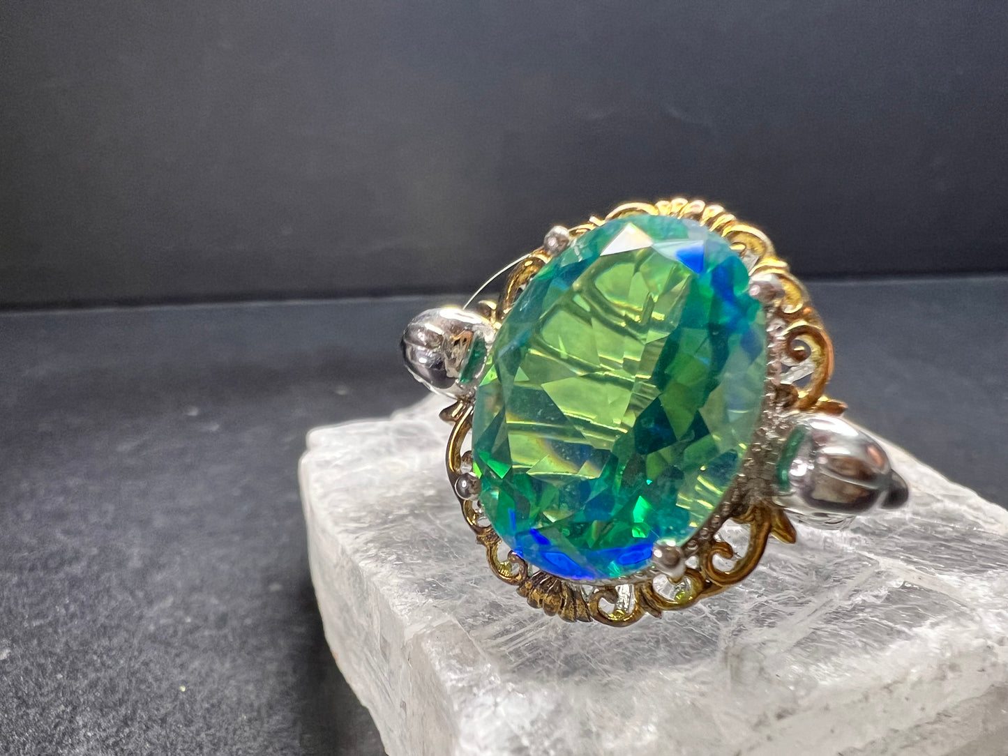 Sterling Silver Peacock Quartz Statement Ring Size 9