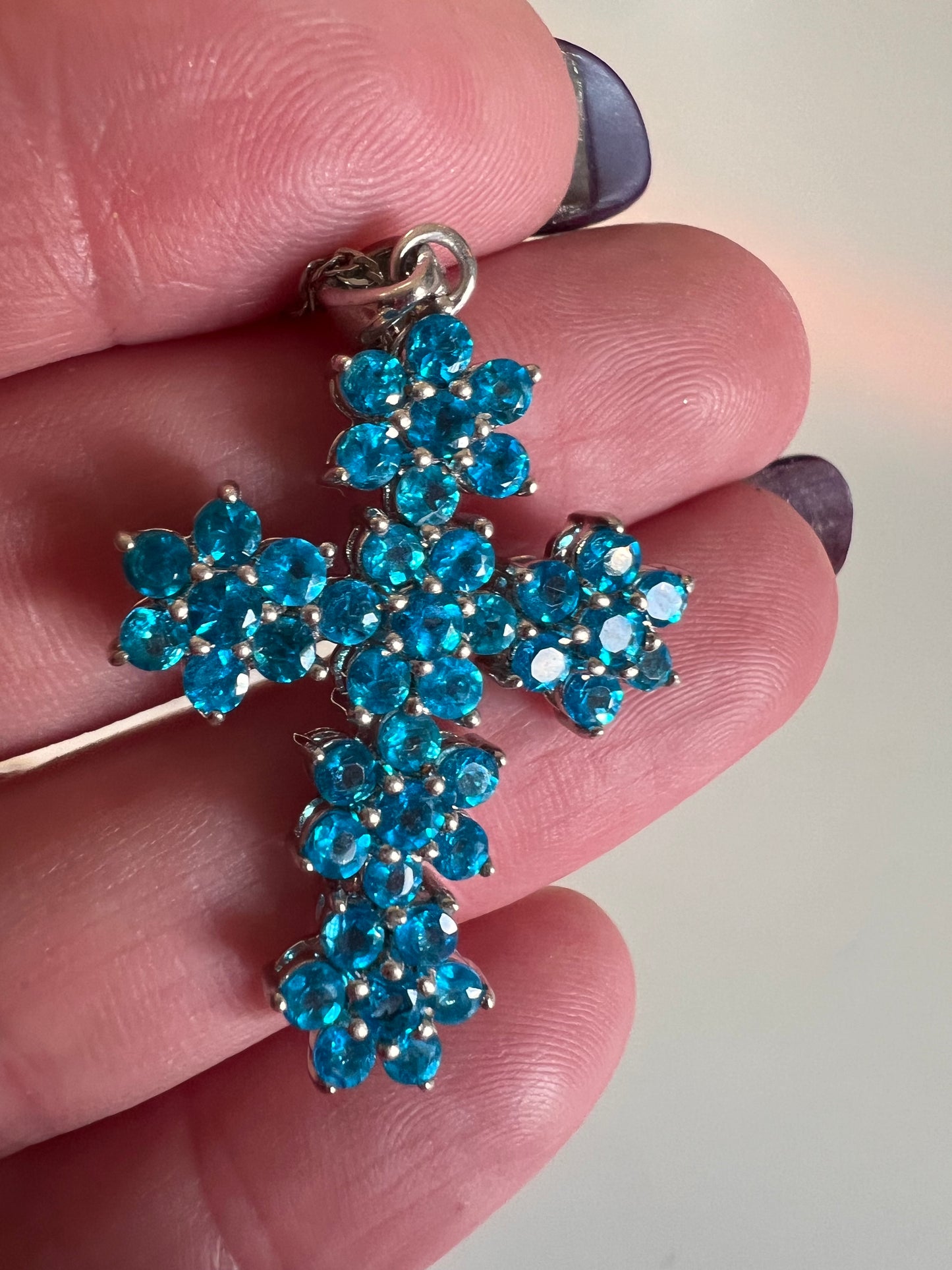 Blue Apatite Rhodium Over Sterling Silver Cross Pendant With Chain 3.25ctw