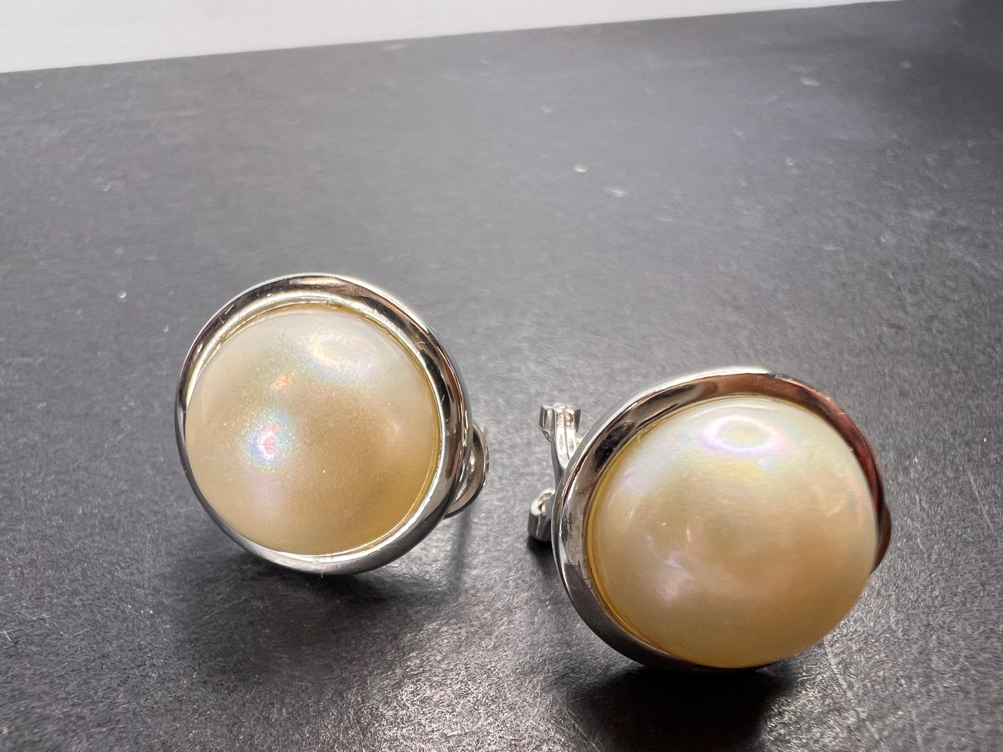 White Cultured South Sea Mabe Pearl 12mm Rhodium Over Sterling Silver Earrings *NEW*