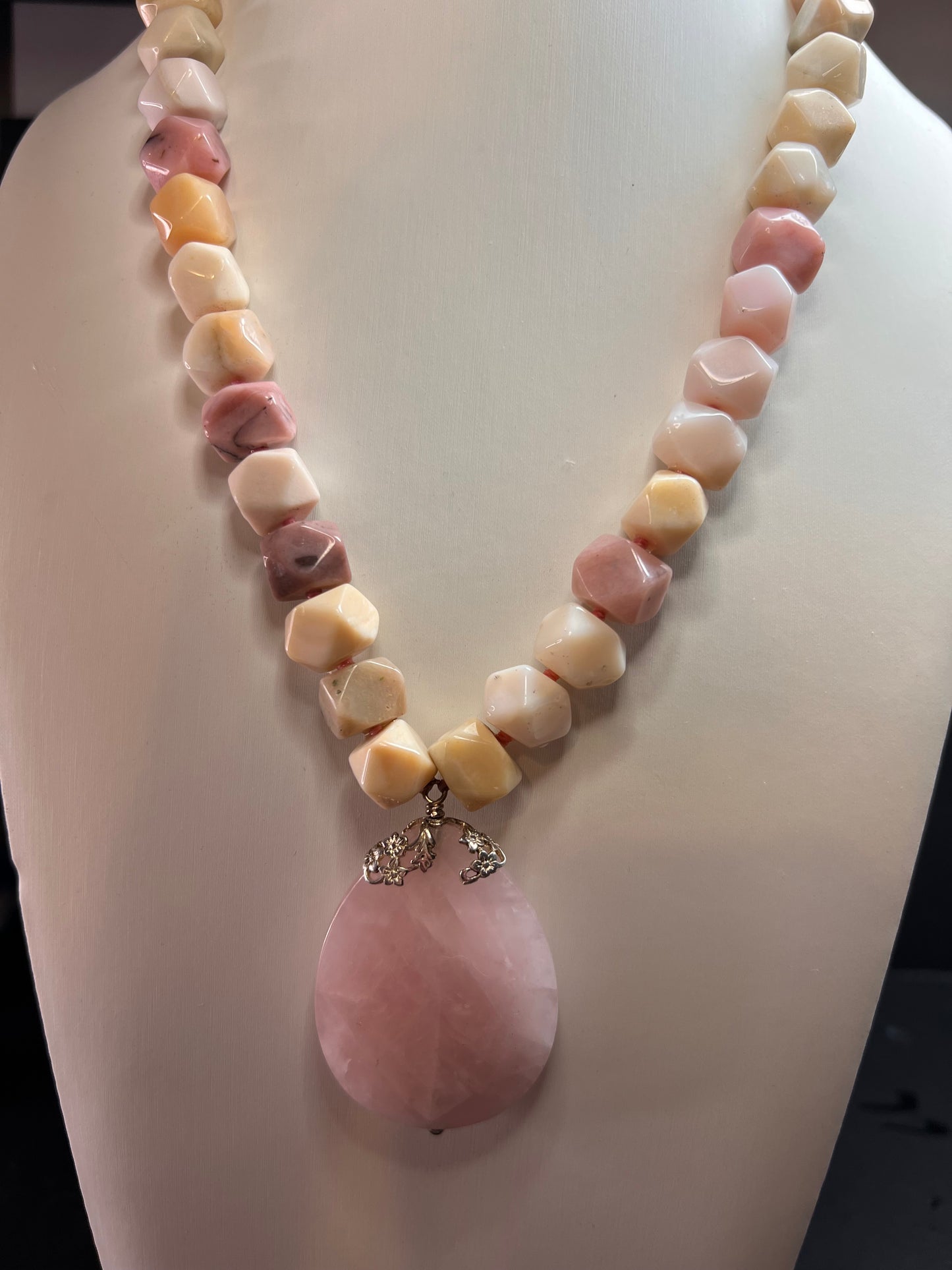 NEW pink opal and rose quartz Sterling silver necklace
