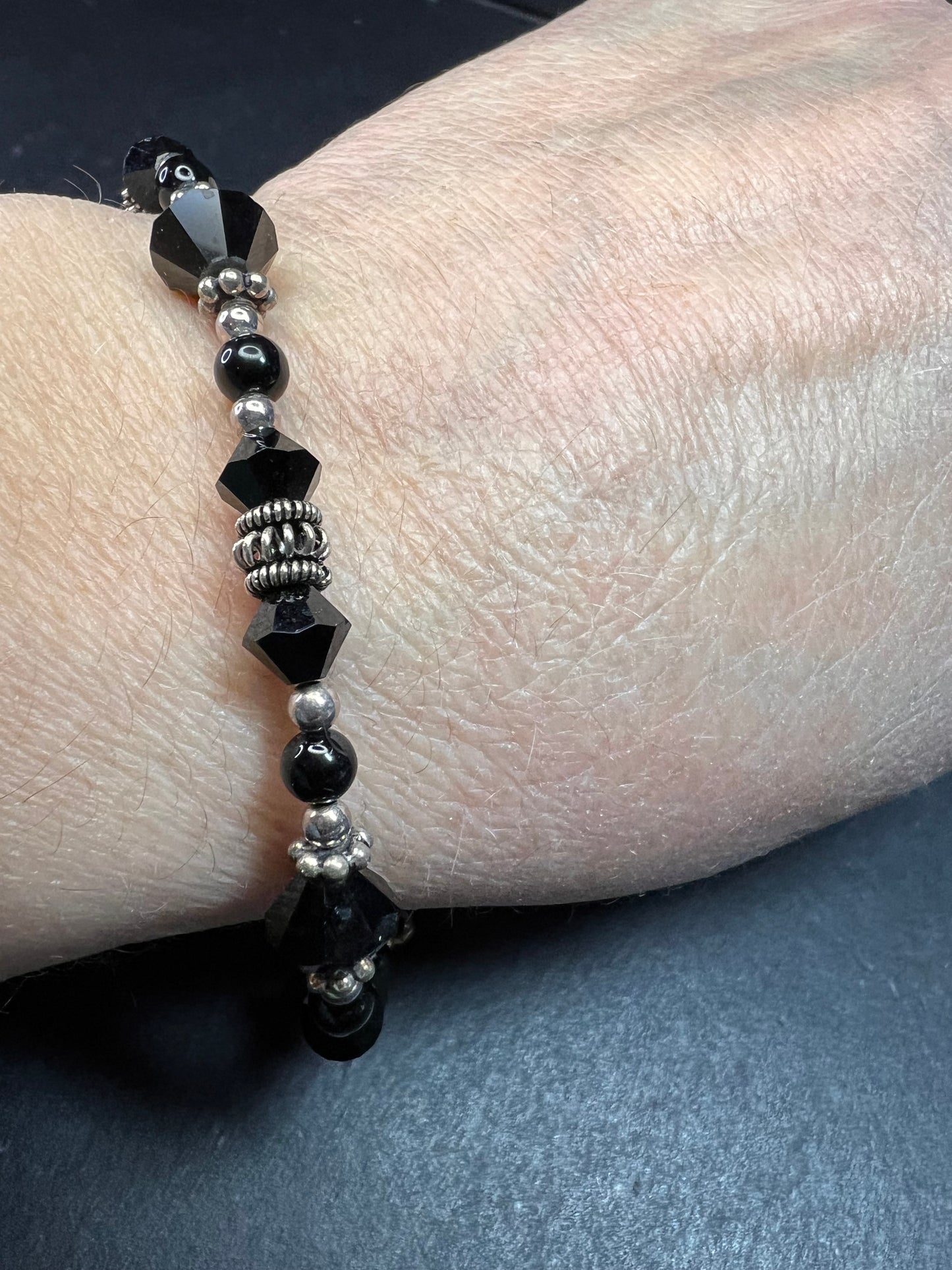 Black Swarovski Crystal & Bali Sterling Silver Beaded Bracelet – 7.75”