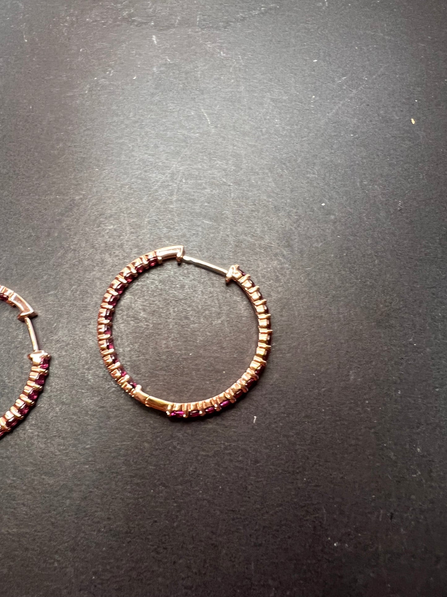 Raspberry rhodolite garnet inside out hoop rose gold over sterling silver earrings