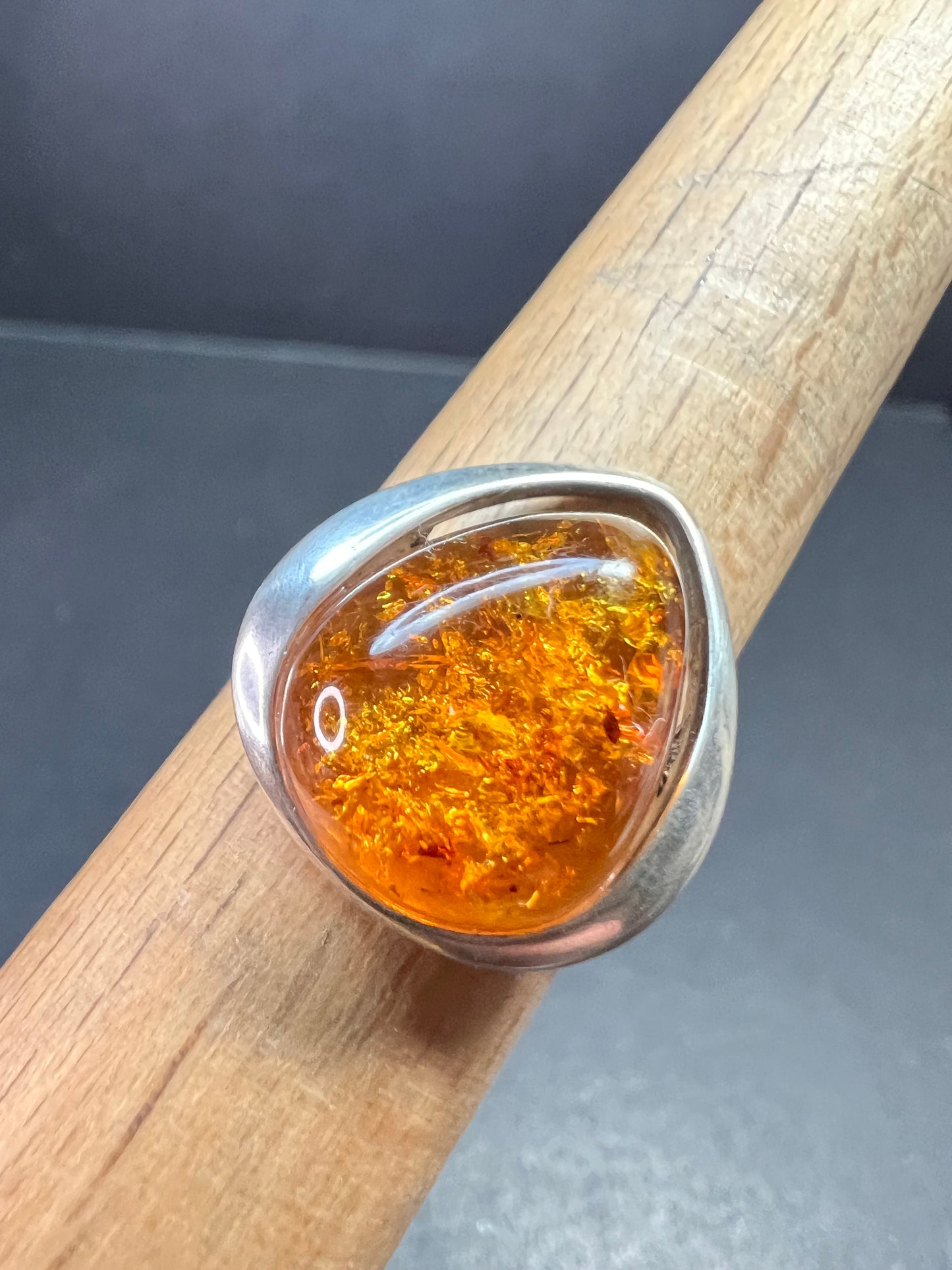 Sterling Silver Baltic Amber Ring Size 8 Teardrop Cabochon