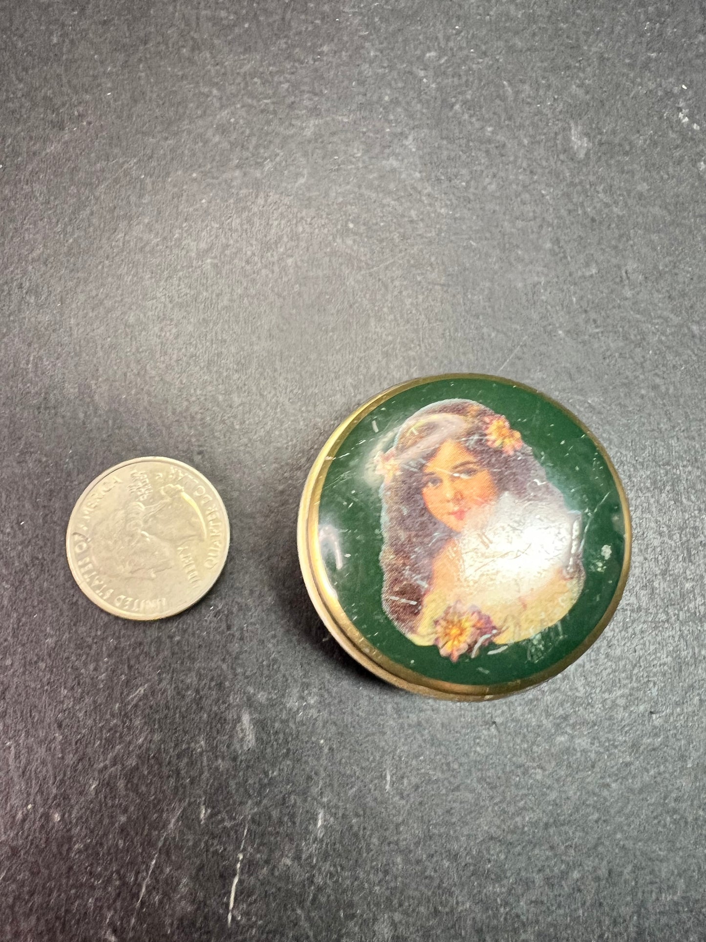 Vintage Art Nouveau Style Candy Tin Lady Portrait Green Round Tin