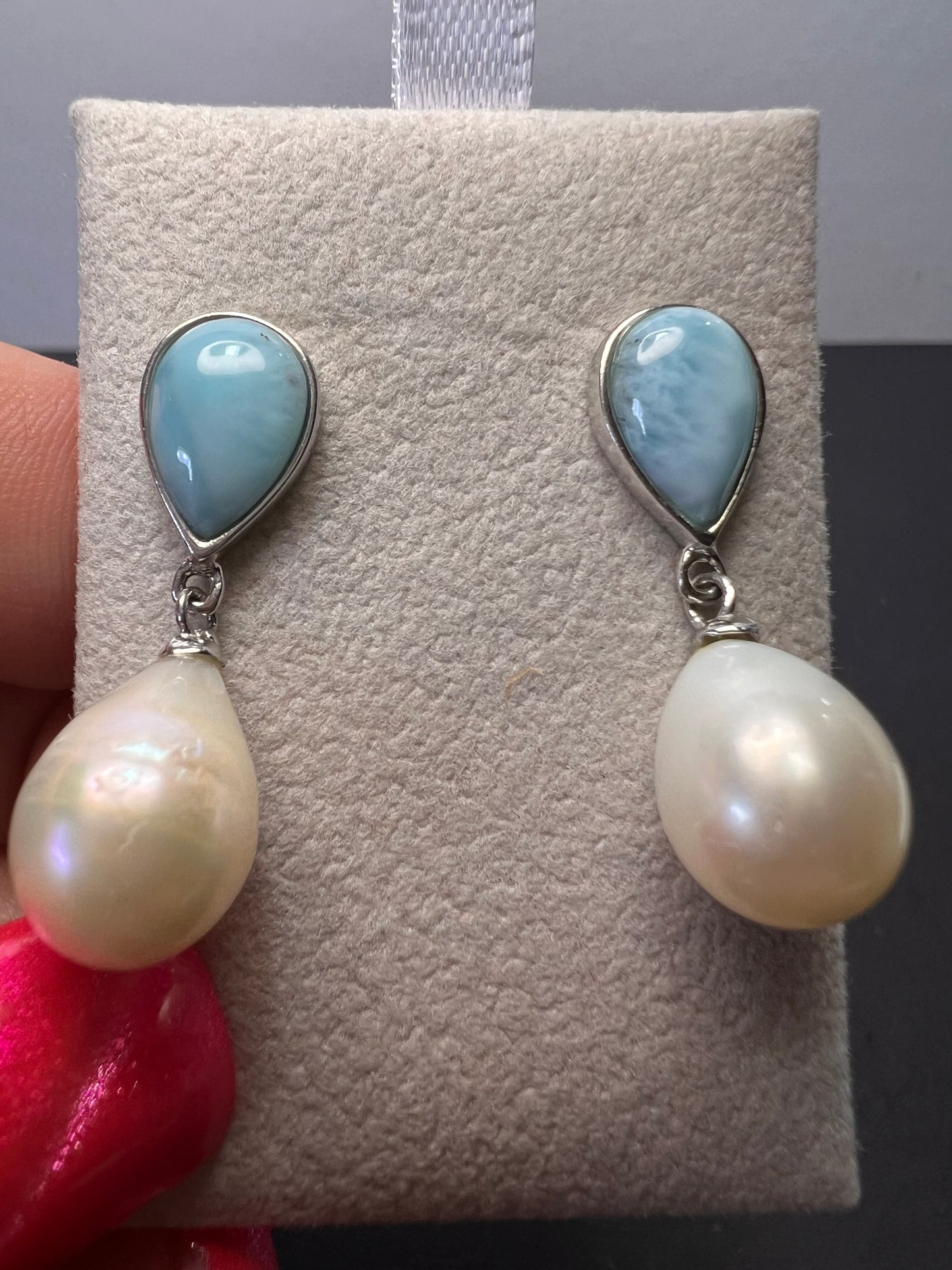 Larimar and pearl sterling silver teardrop earrings