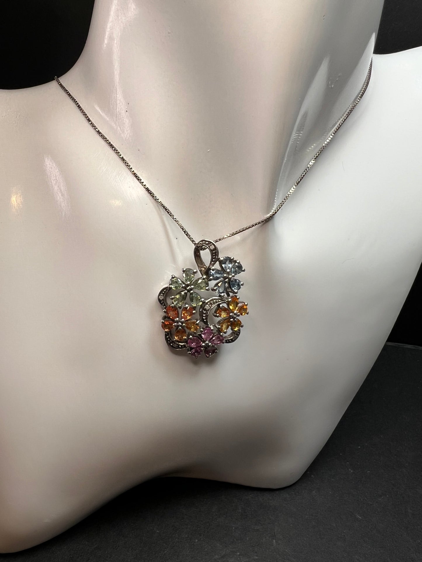 Vintage Sterling Silver Multi Sapphire & Diamond Flower Pendant