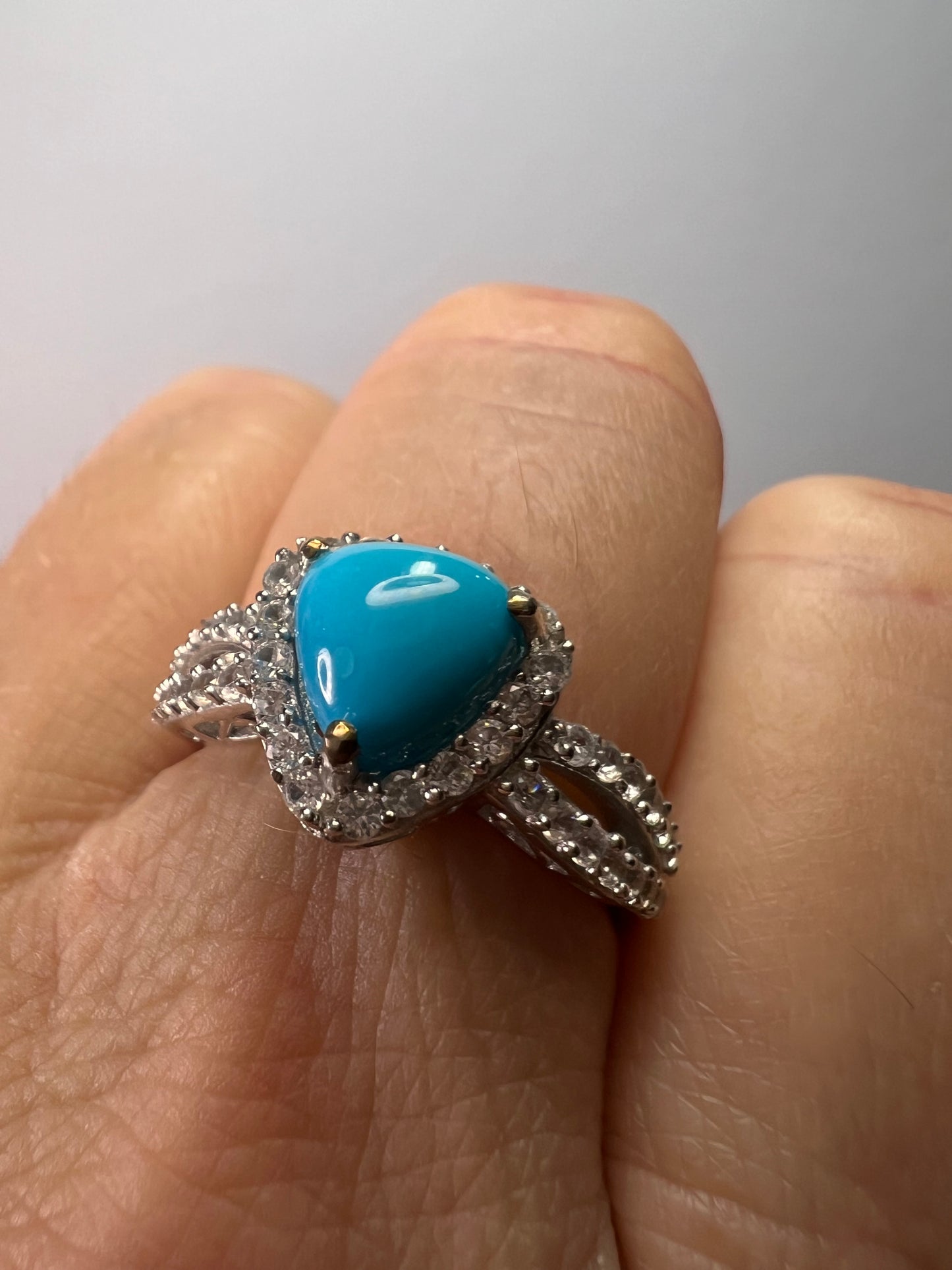 American sleeping beauty turquoise and zircon ring in platinum over sterling silver 2.60 ctw size 8