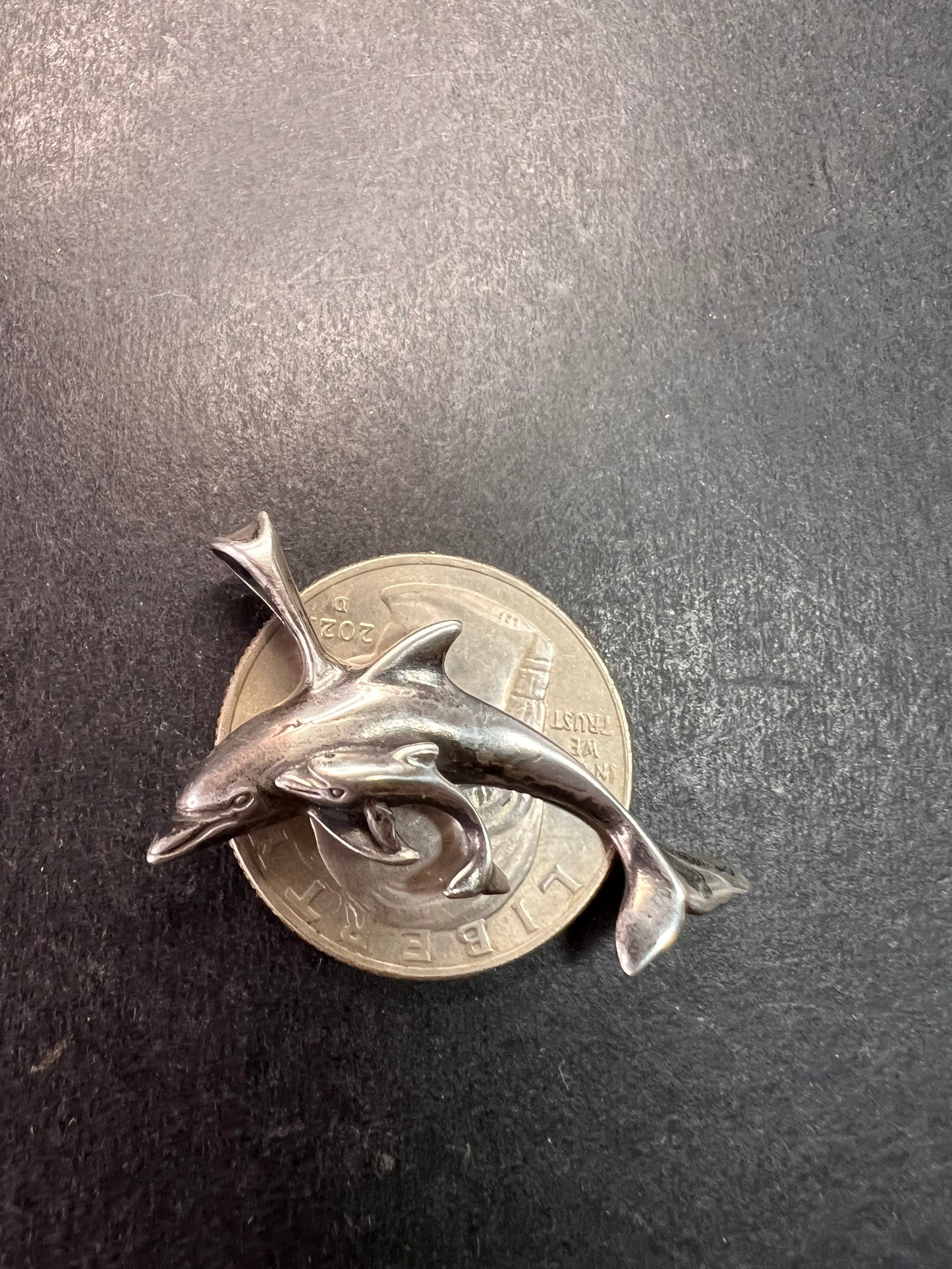 Vintage Sterling Silver Dolphin & Calf Pendant Charm Dead Stock