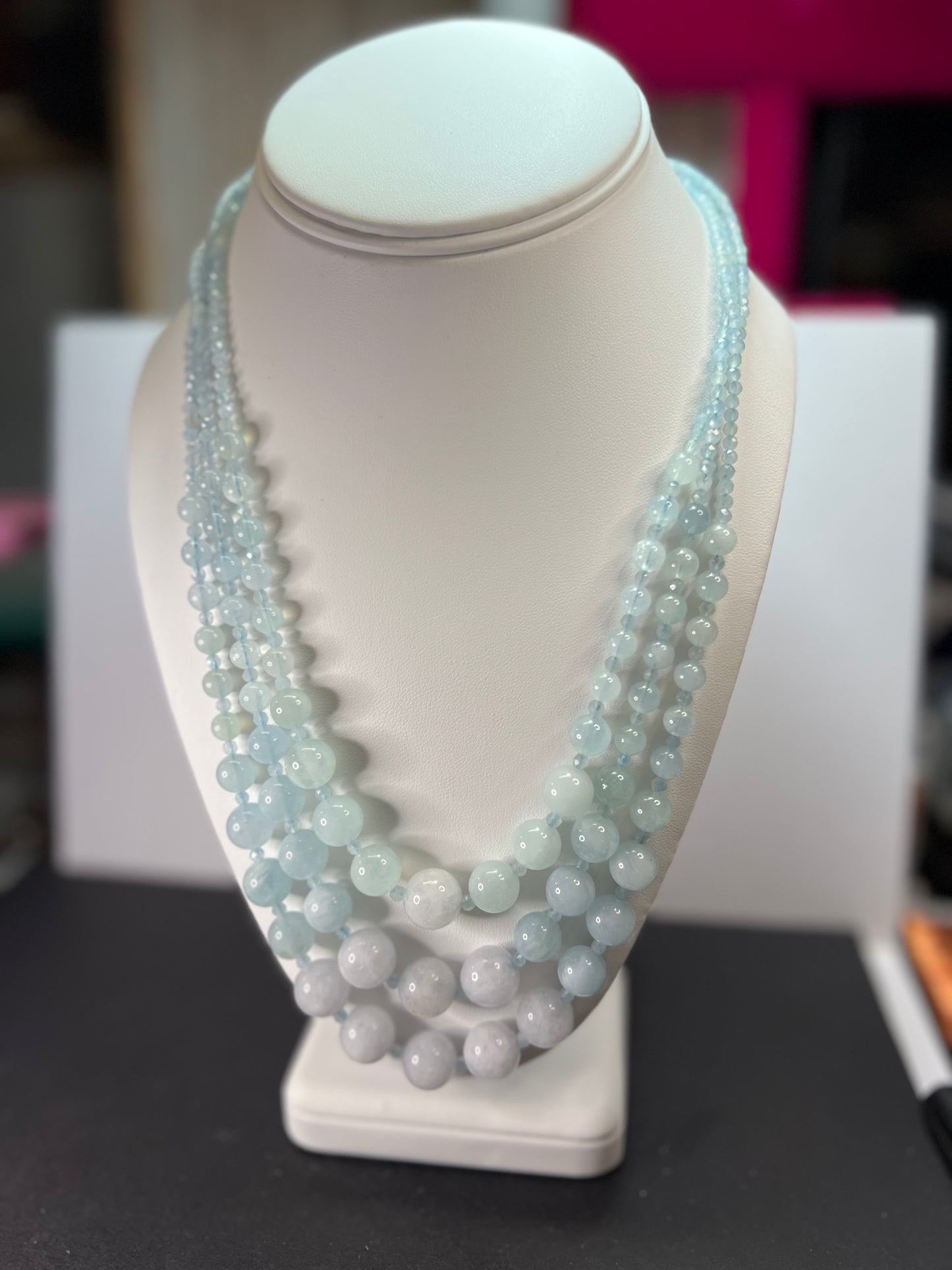 Triple strand aquamarine necklace with sterling silver lobster clasp