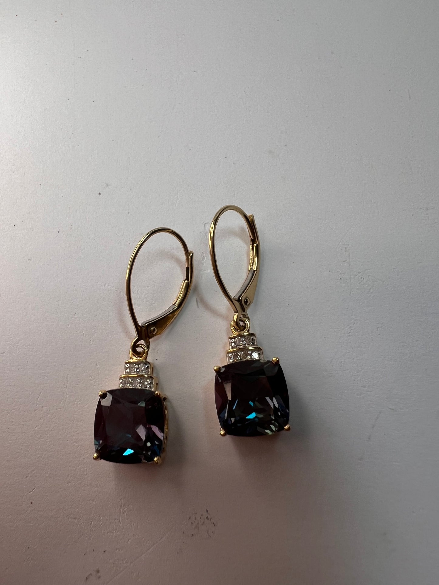 10k gold Lab alexandrite and diamond lever back earrings