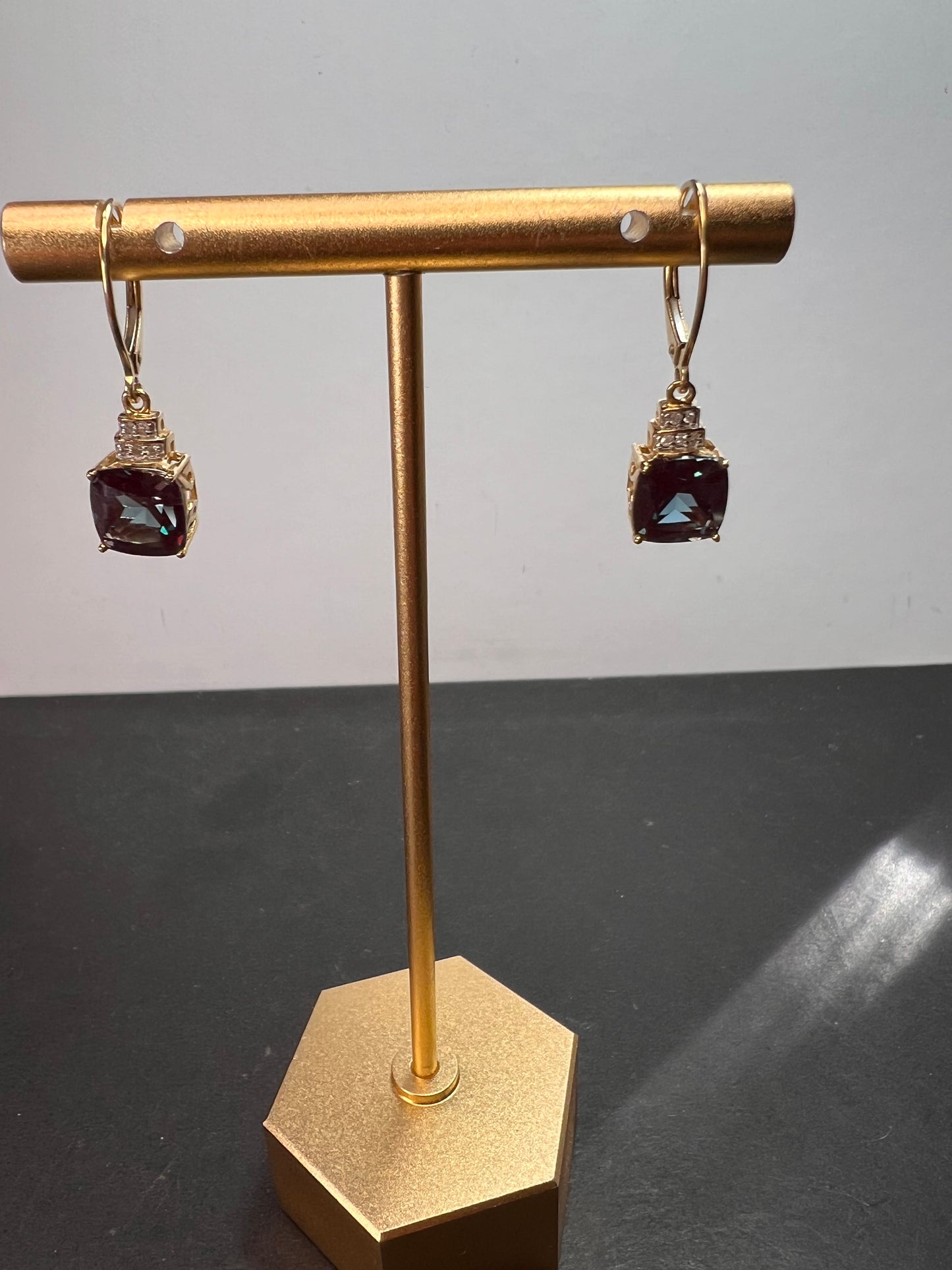 10k gold Lab alexandrite and diamond lever back earrings