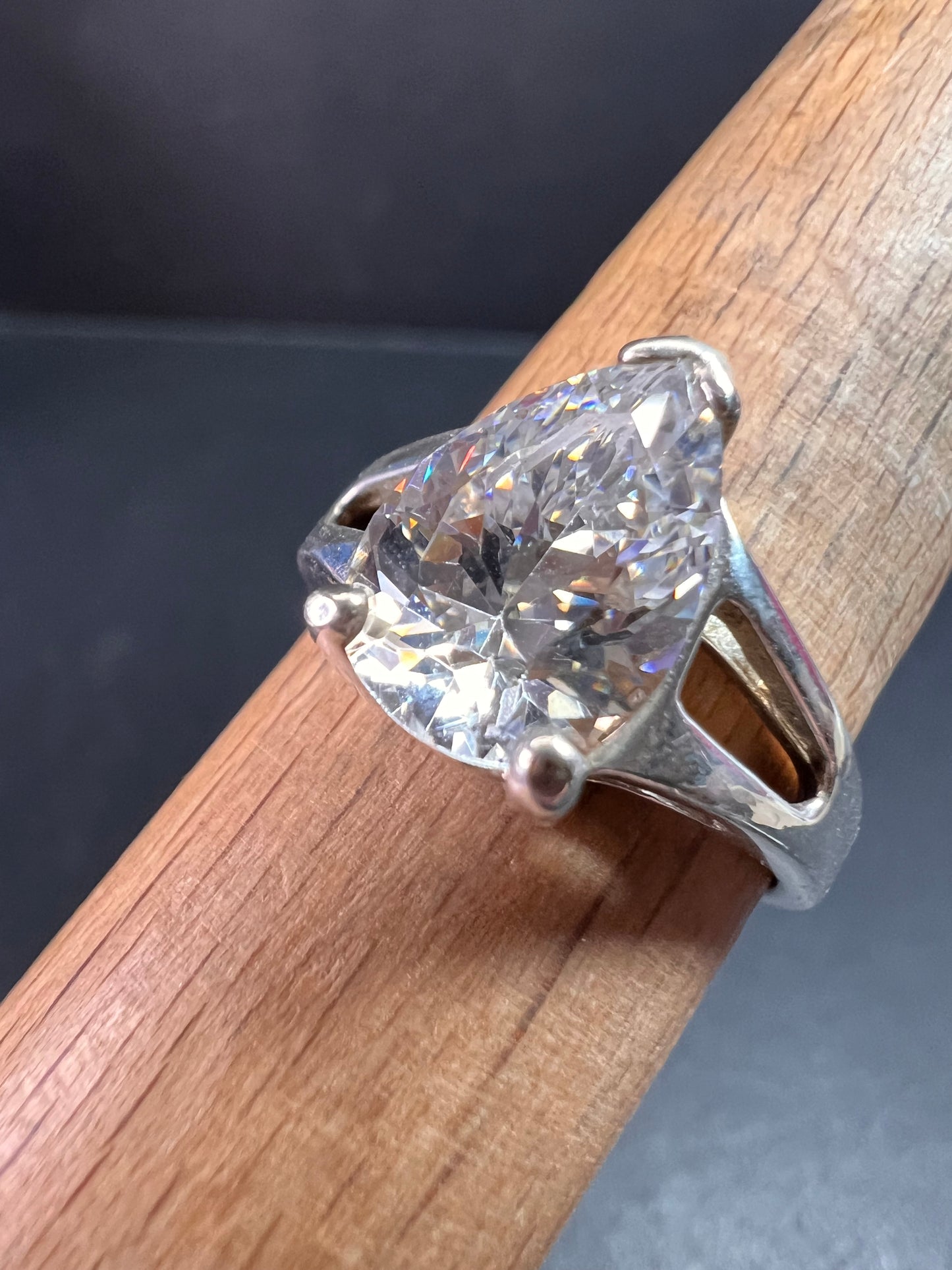 Vintage CZ Pear Solitaire in Sterling Silver, Open Gallery Split Shank, Size 9