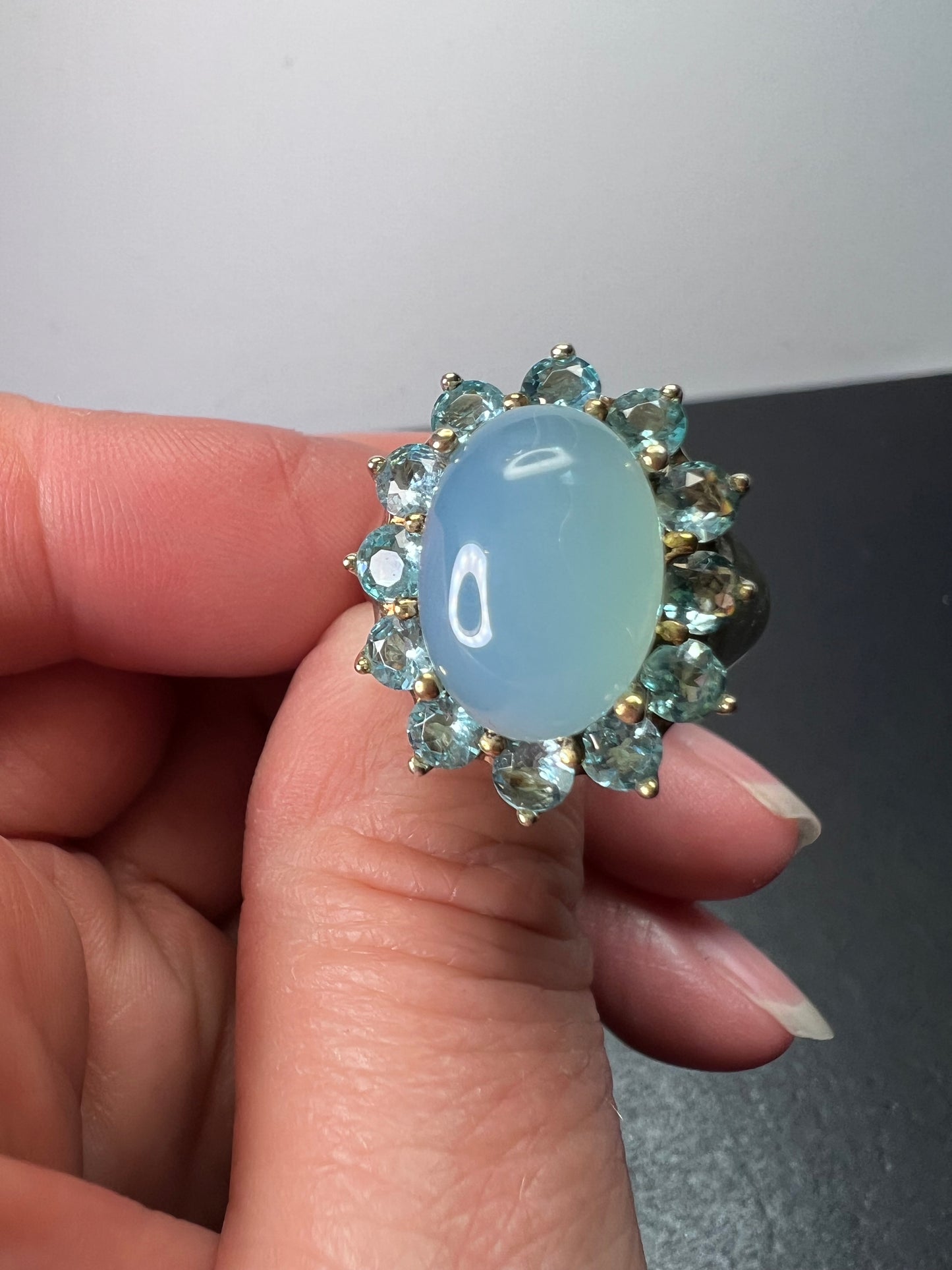 Blue chalcedony and apatite sterling ring size 10