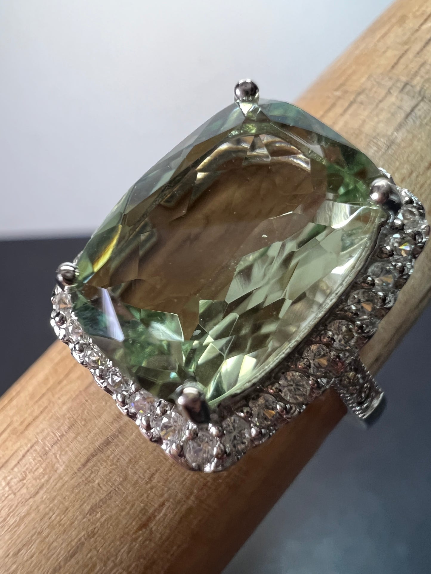 Cushion cut Prasiolite cocktail halo ring size 9