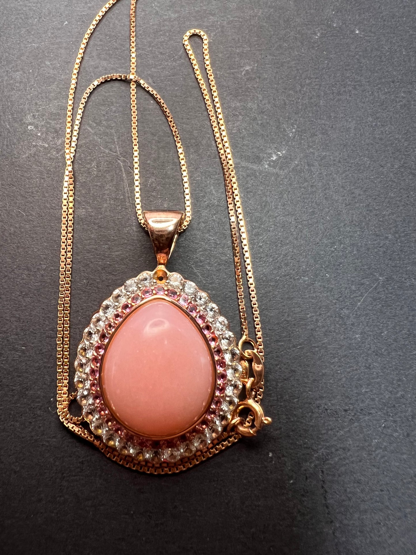 Pink opal, pink tourmaline and white topaz pendant necklace rose gold over sterling 18 inch chain