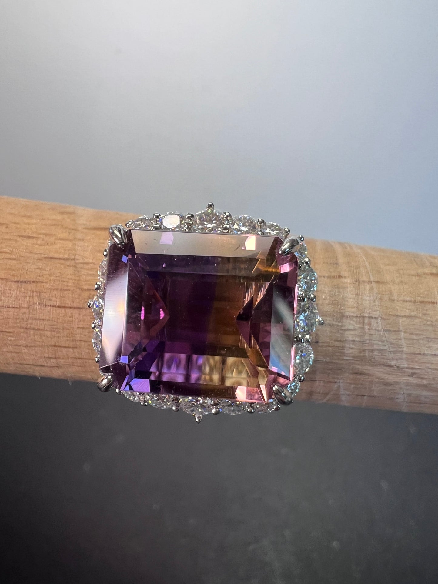 Ametrine and moissanite halo ring in rhodium over sterling silver size 8