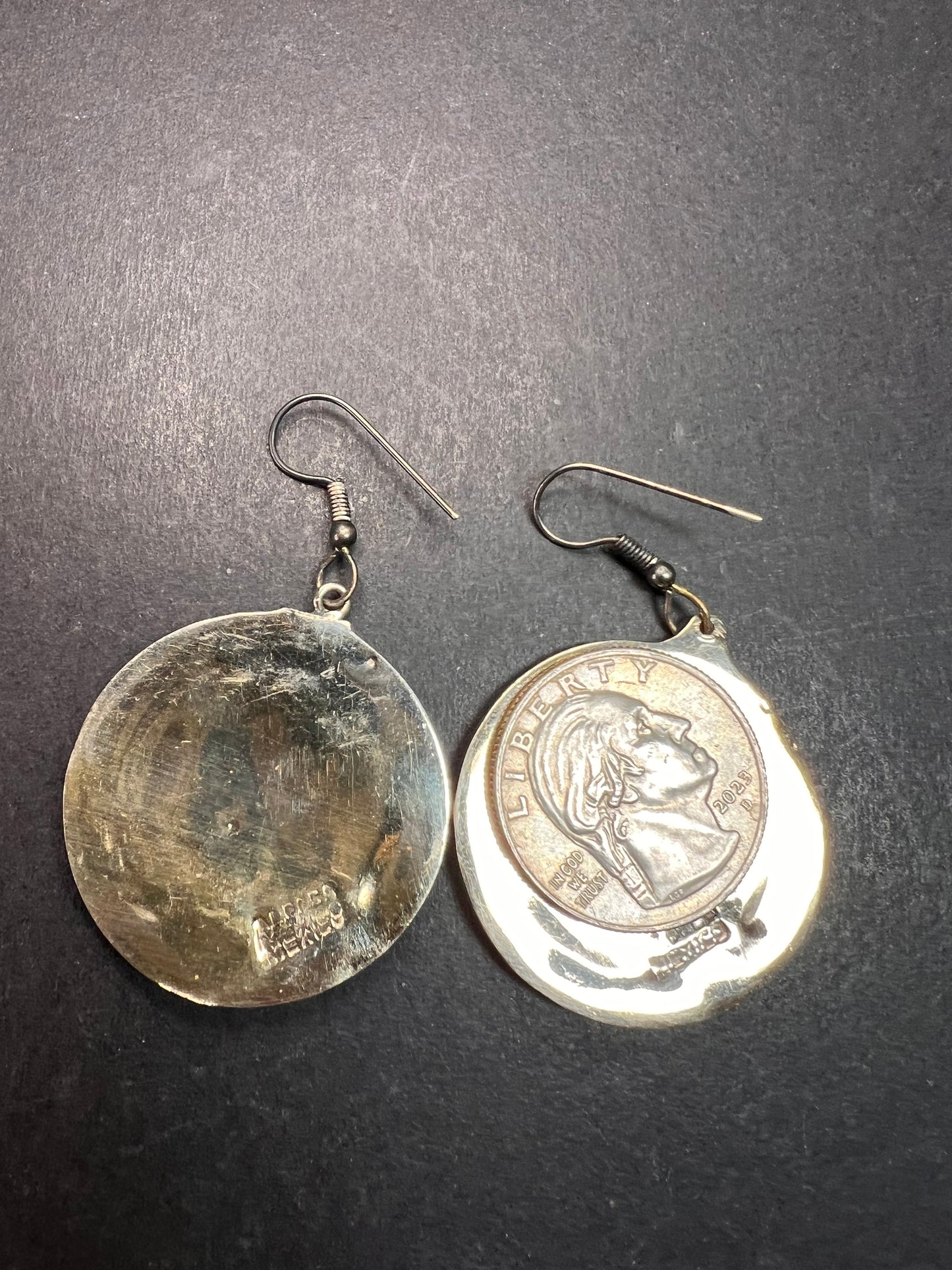 Vintage ALPACA MEXICO Silver MOP Abalone Yin Yang Drop Earrings