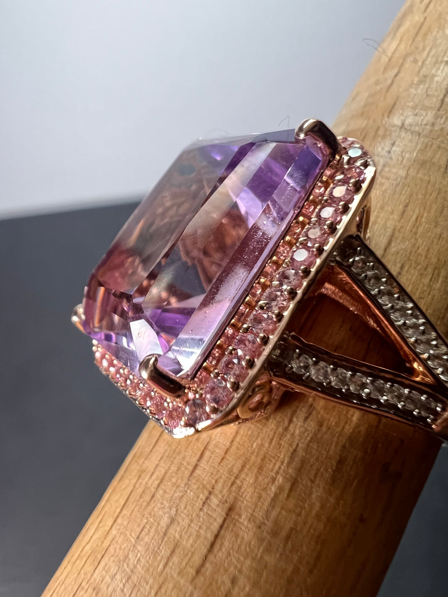 Radiant cut rose de France amethyst and pink sapphire halo ring in rose gold vermeil over sterling silver size 8 *NEW*