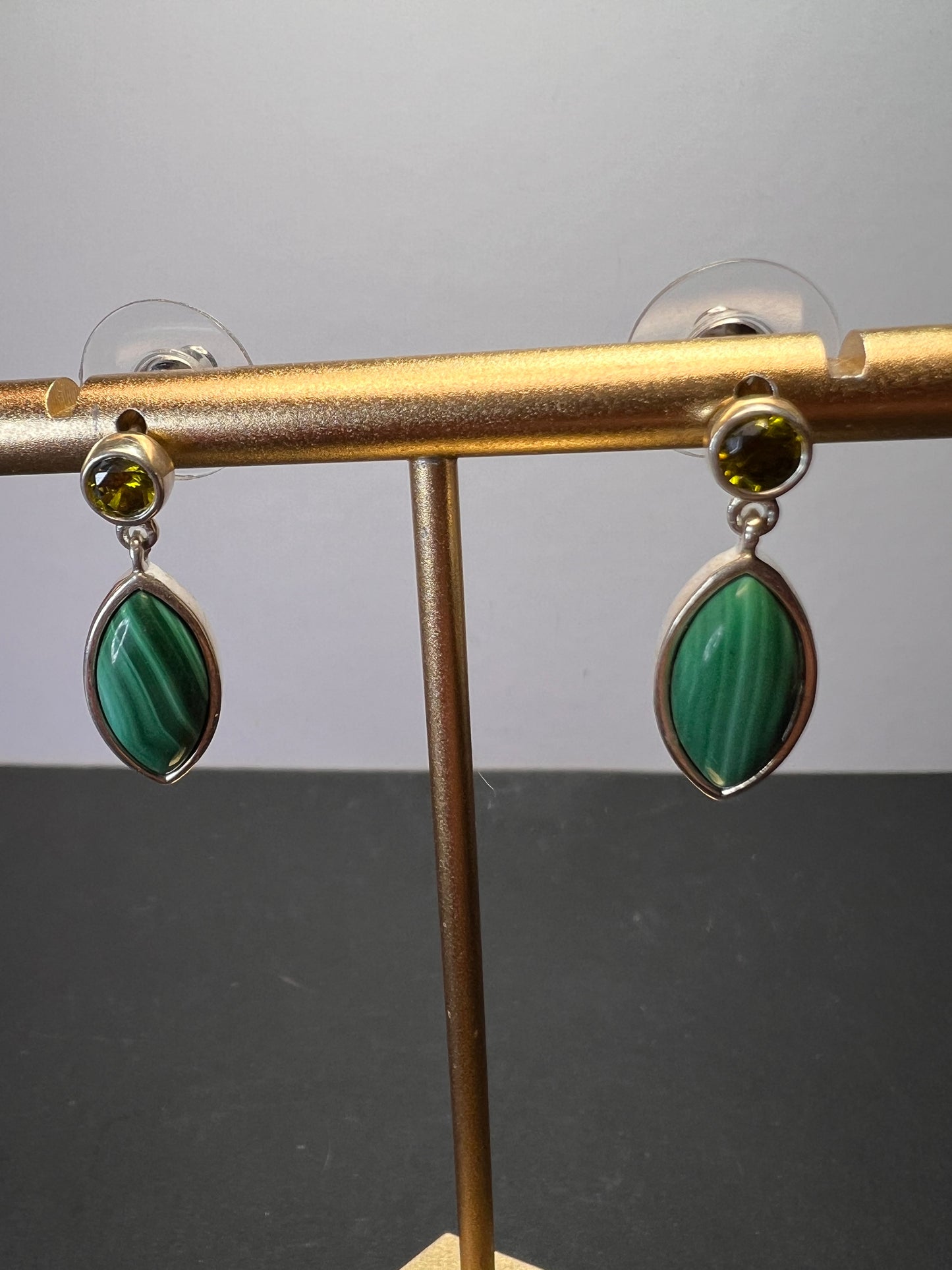 Malachite and olive CZ sterling silver marquise drop earrings