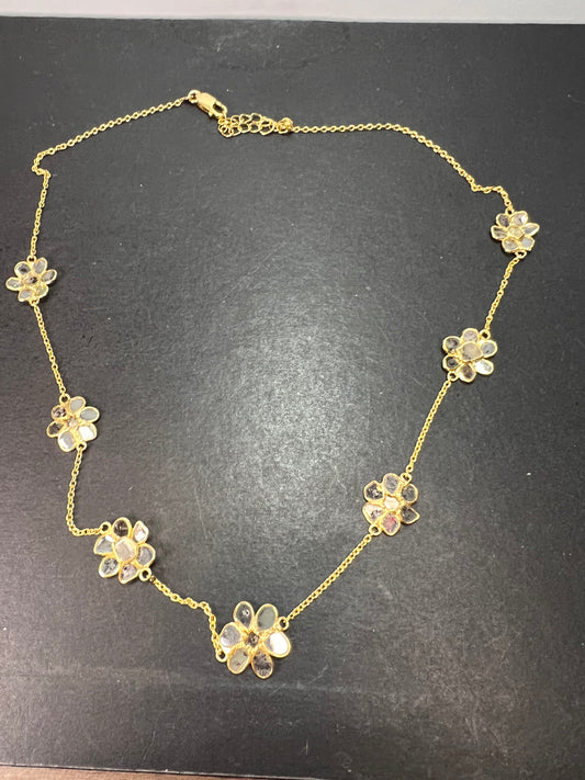 Polki diamond flowers station necklace in vermeil yellow gold over sterling silver