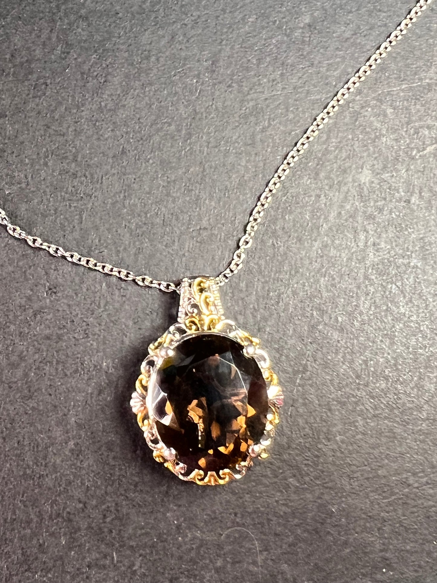 NEW Smoky Quartz pendant necklace in platinum and YG over brass and stainless steel 20 inches