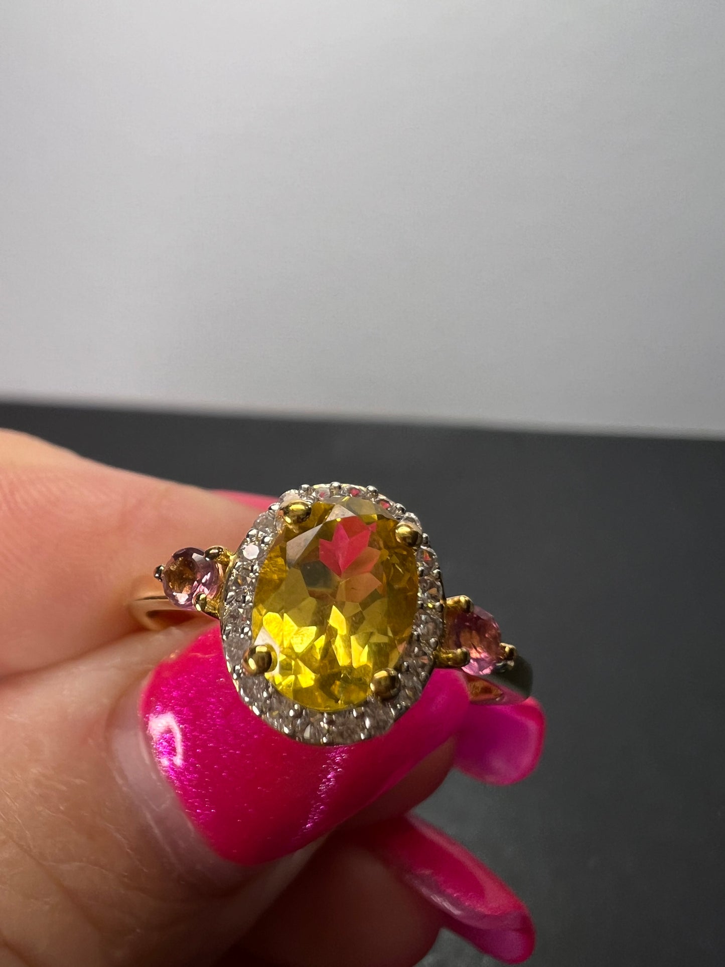 Heliodor and rubellite halo ring in vermeil yellow gold over sterling silver size 9 *NEW*