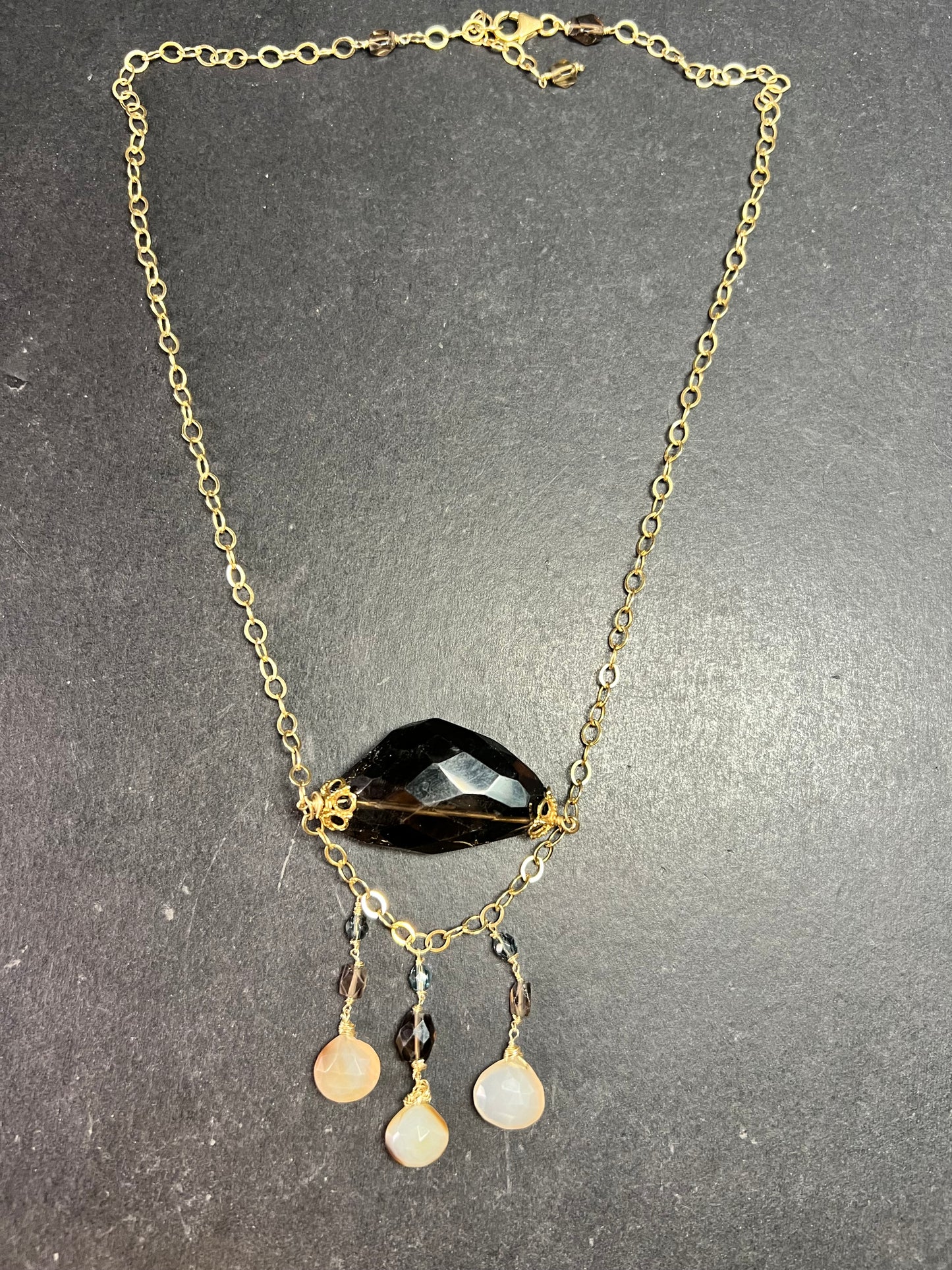 Gold Filled Smoky Quartz & Faceted Agate Drop Necklace 16–18”