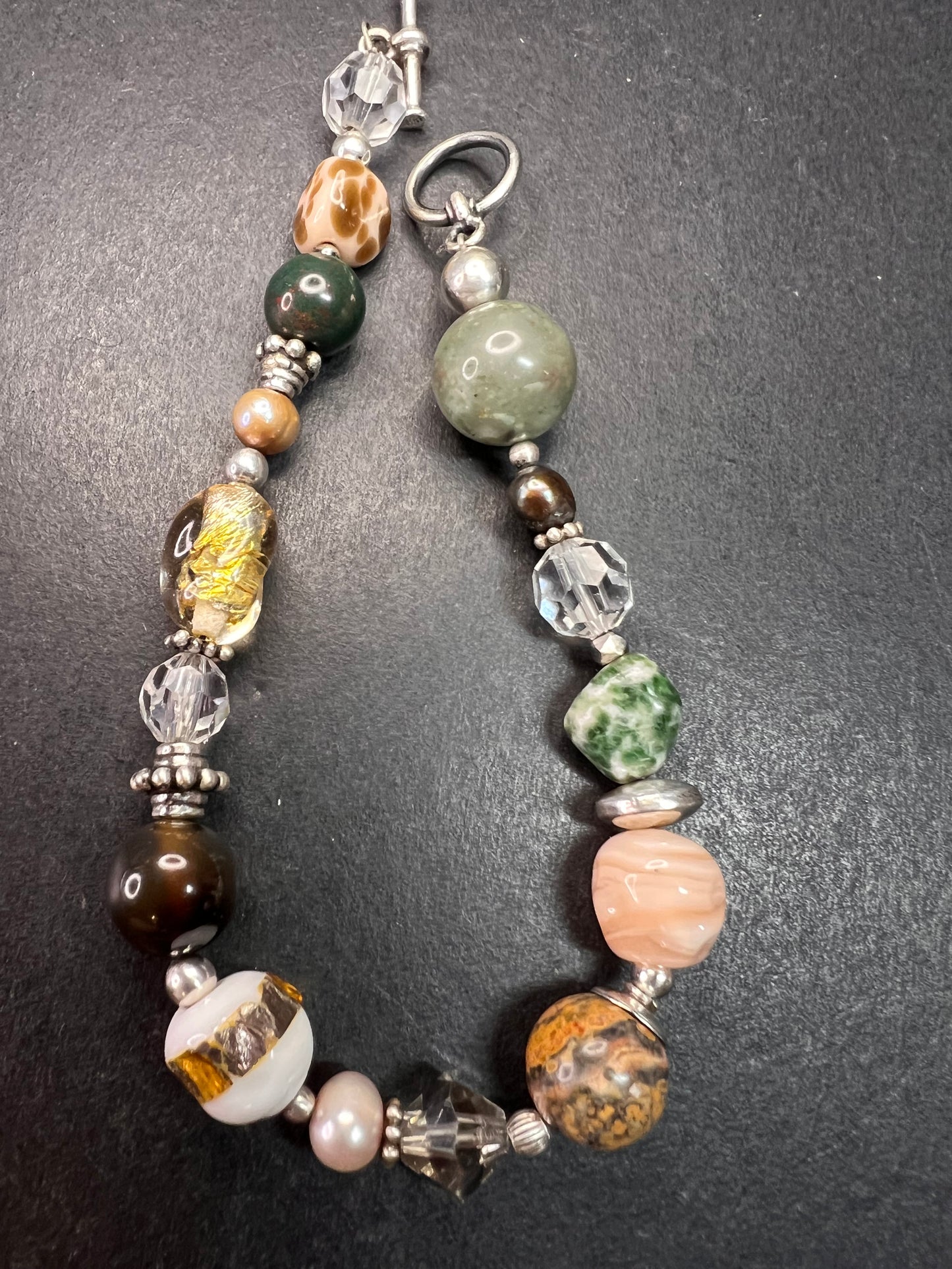 Vintage sterling silver, semi precious stones and glass toggle 8 inch bracelet