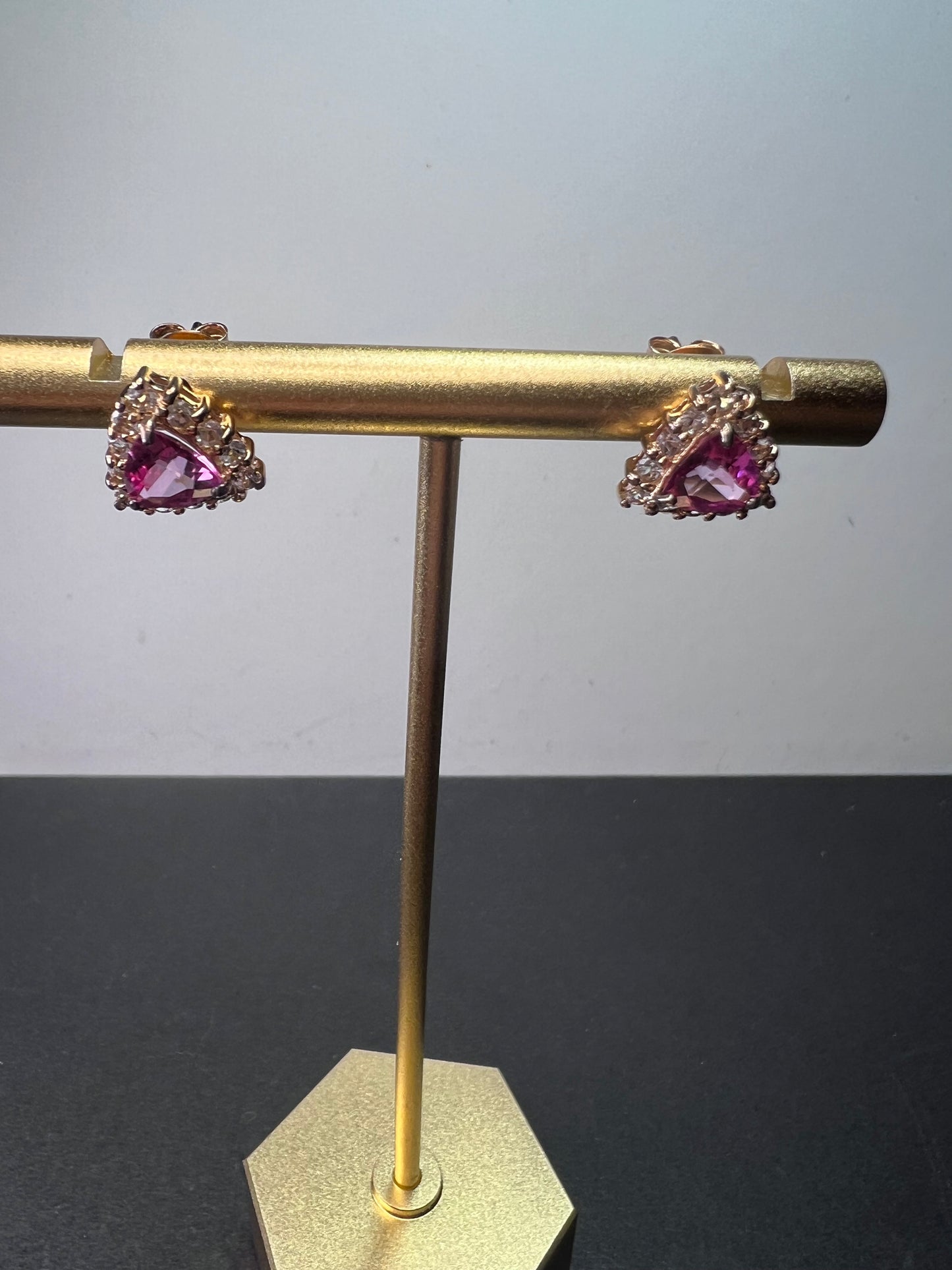 Pink topaz and zircon halo stud earrings in 18k rose gold over sterling silver