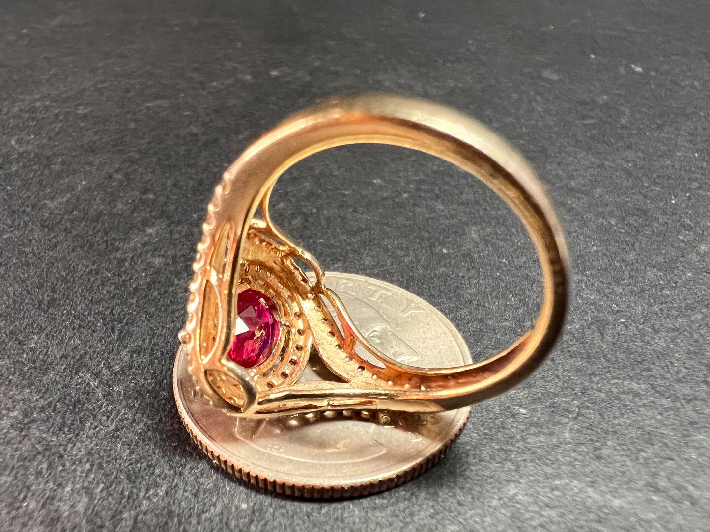 Lab Ruby and topaz halo ring in gold over sterling silver size 7