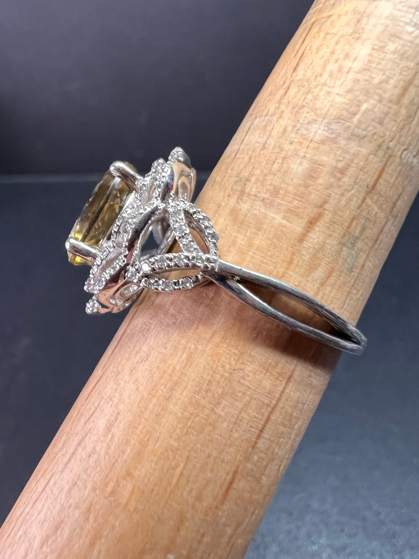 Citrine & Diamond Sterling Silver Scalloped Halo Ring Size 9