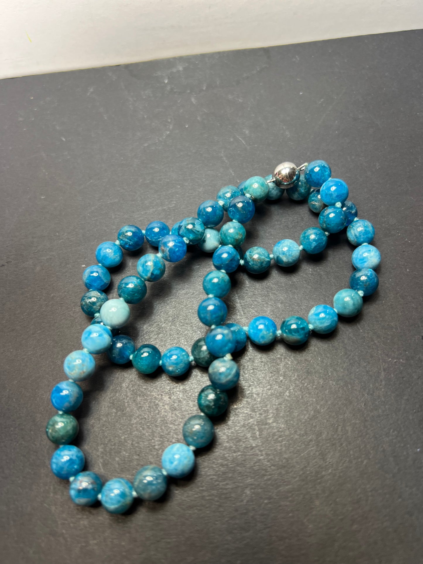 Blue apatite 8 mm knotted necklace