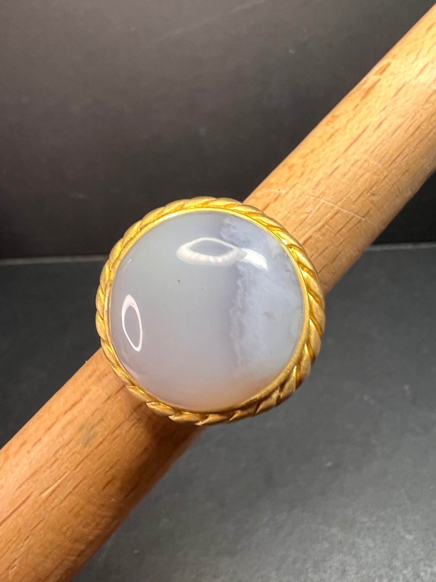 Glow By Sheila Fajl Signed Blue Agate Ring brushed 18kt Plated size 7