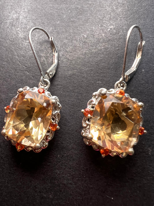 Morganite quartz and orange spinel sterling silver lever back earrings OOP