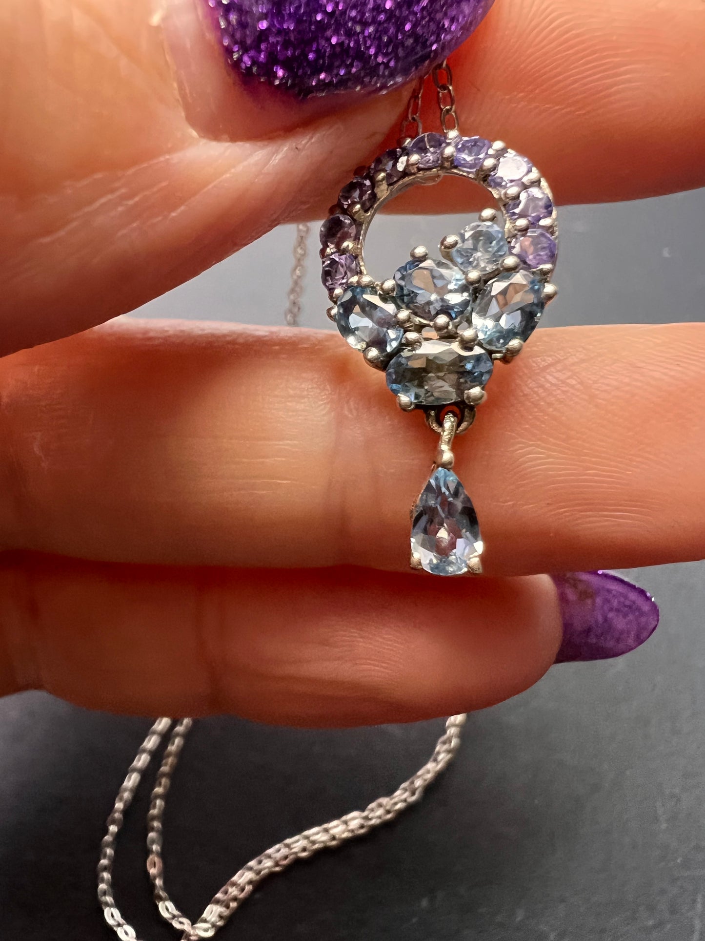 Tanzanite and aquamarine sterling silver pendant necklace with chain