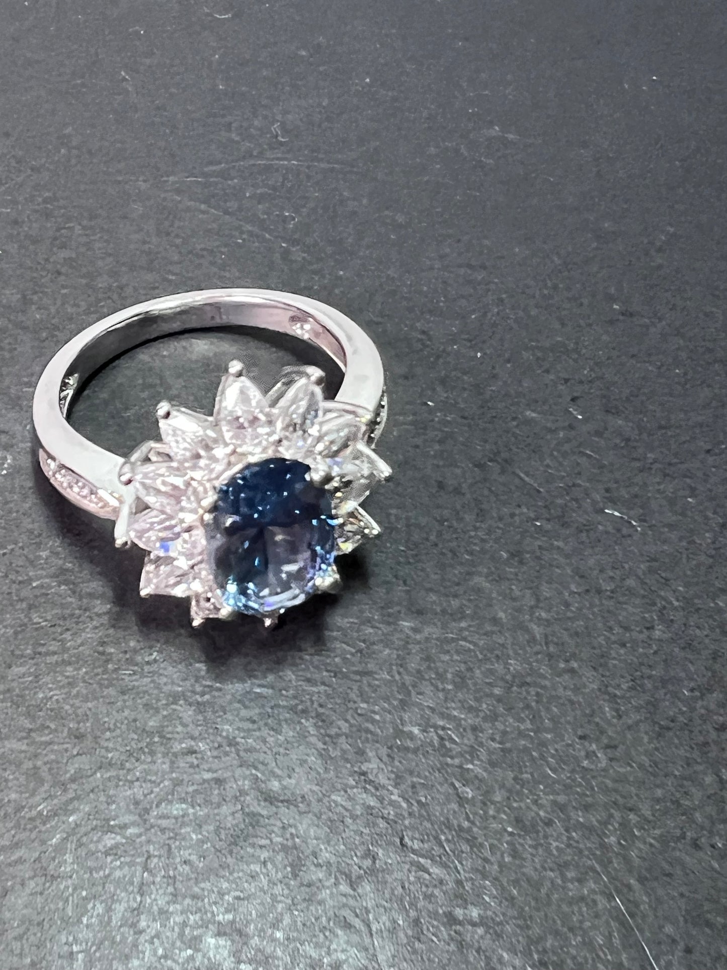 Blue lab spinel and white CZ rhodium over sterling ring size 10