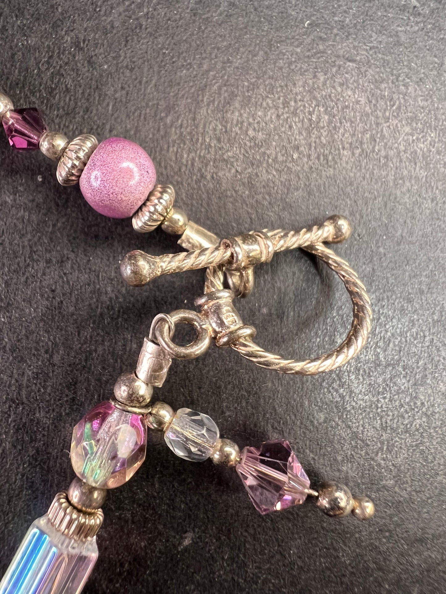 Vintage Sterling Silver Toggle Bracelet with Purple Crystal & Lampwork Beads