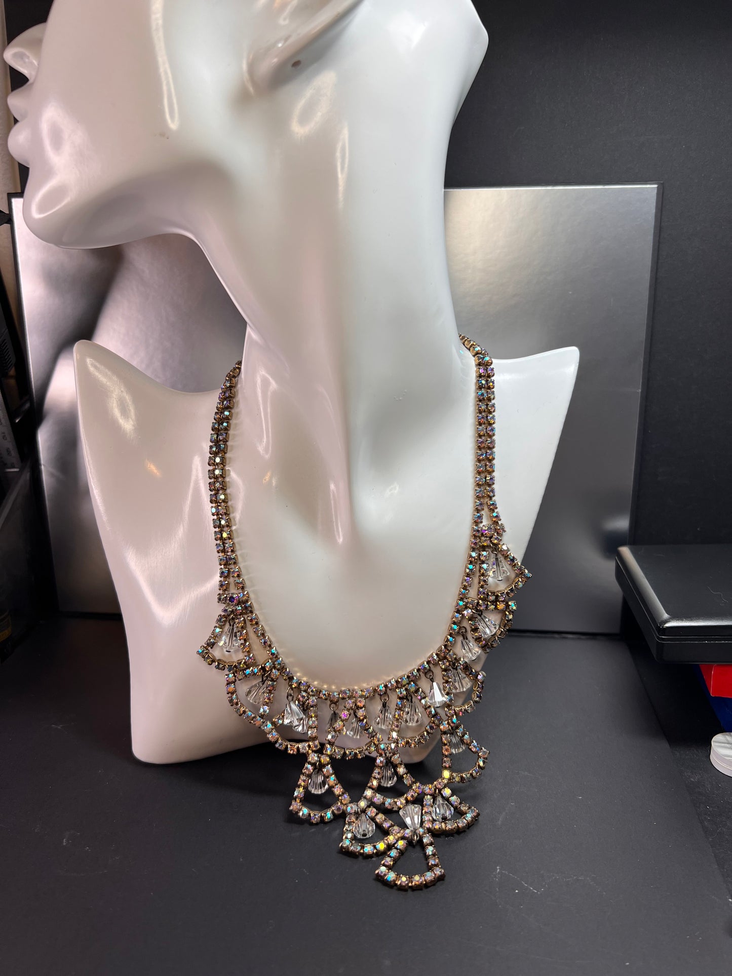 Vintage AB Rhinestone Bib Necklace Clear Glass Dangles Gold Tone