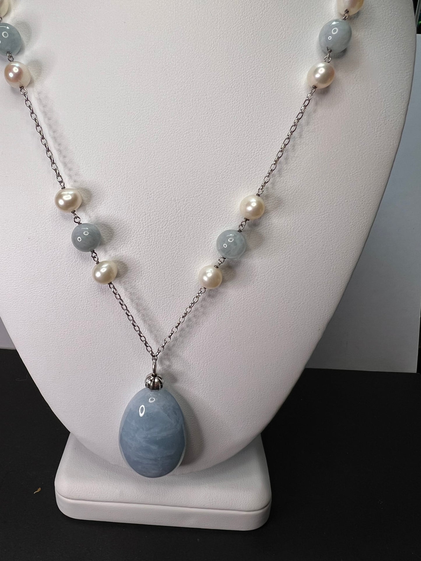 Aquamarine and pearl sterling silver station necklace