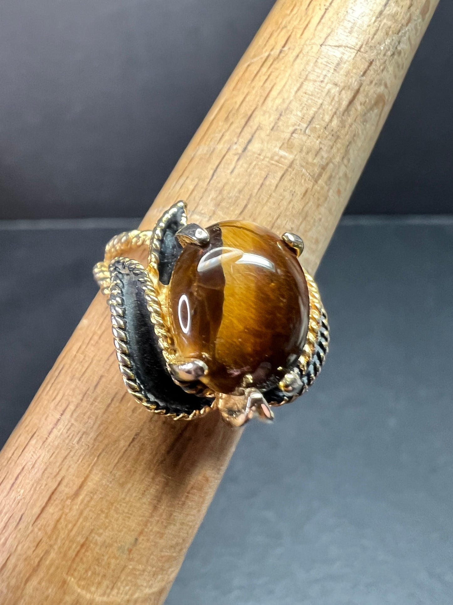 Vintage Espo Tiger’s Eye Ring Size 7.5 18K HGF Gold Filled Statement