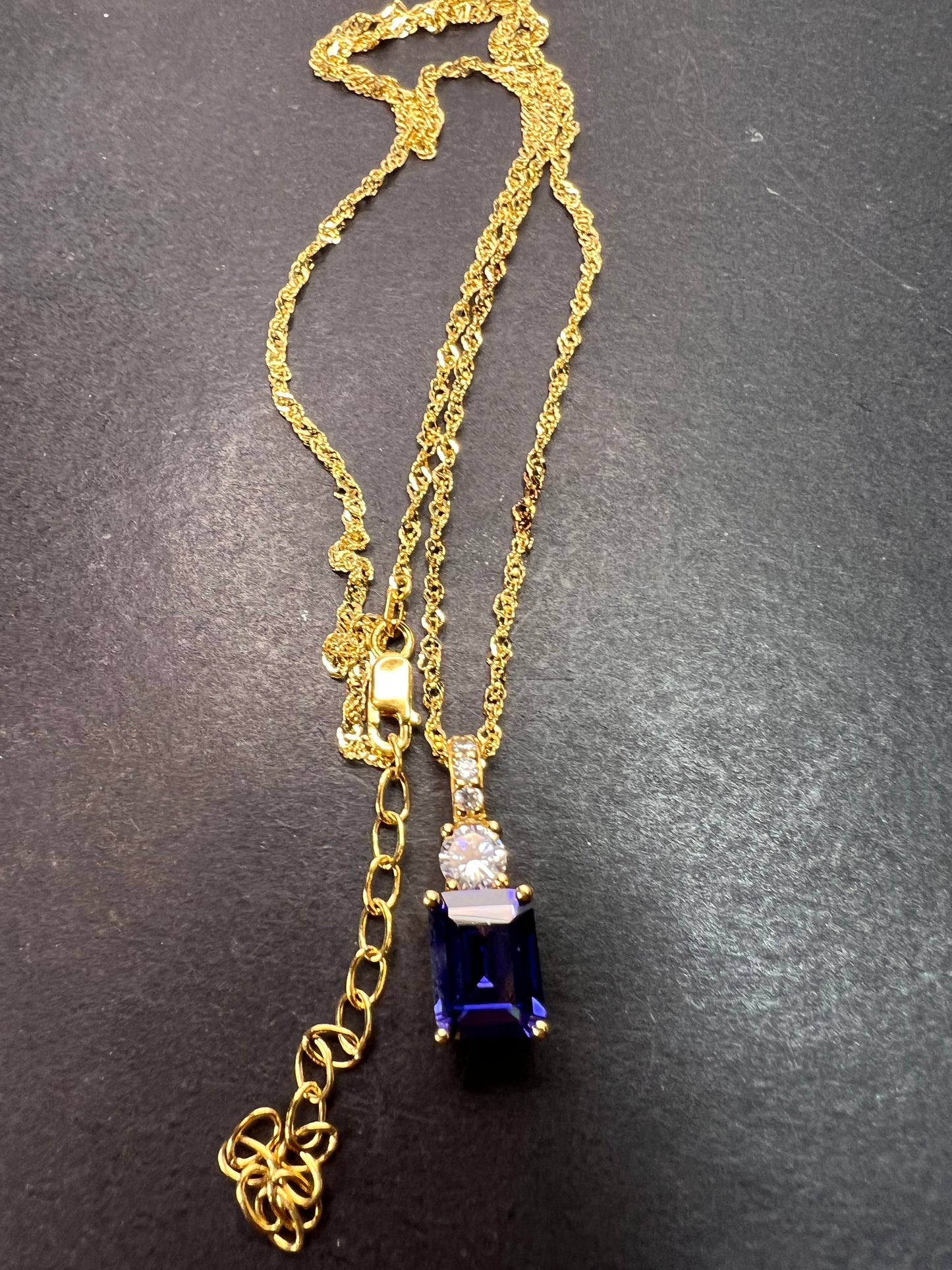 Blue emerald cut CZ pendant and chain necklace in gold over sterling silver 18 inches